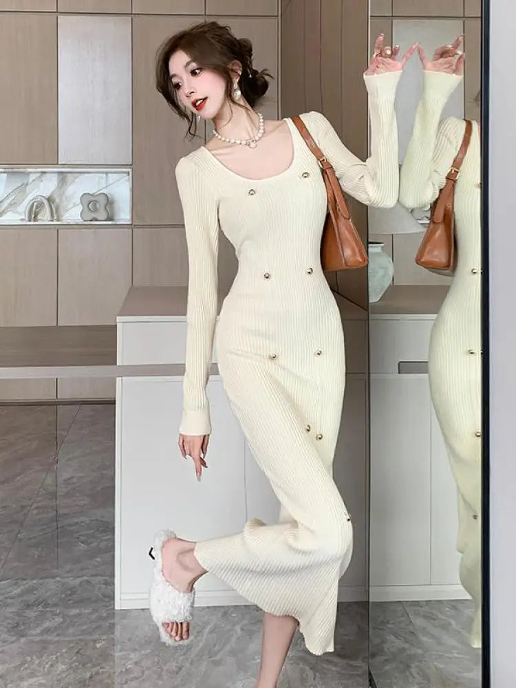 French Fashion Women's Elegant Long Sleeve Knit Dress - Square Neck Wrap Hip Office Dress for Autumn Winter | Slim Fit & Comfortable for Work, Parties & Date Nights