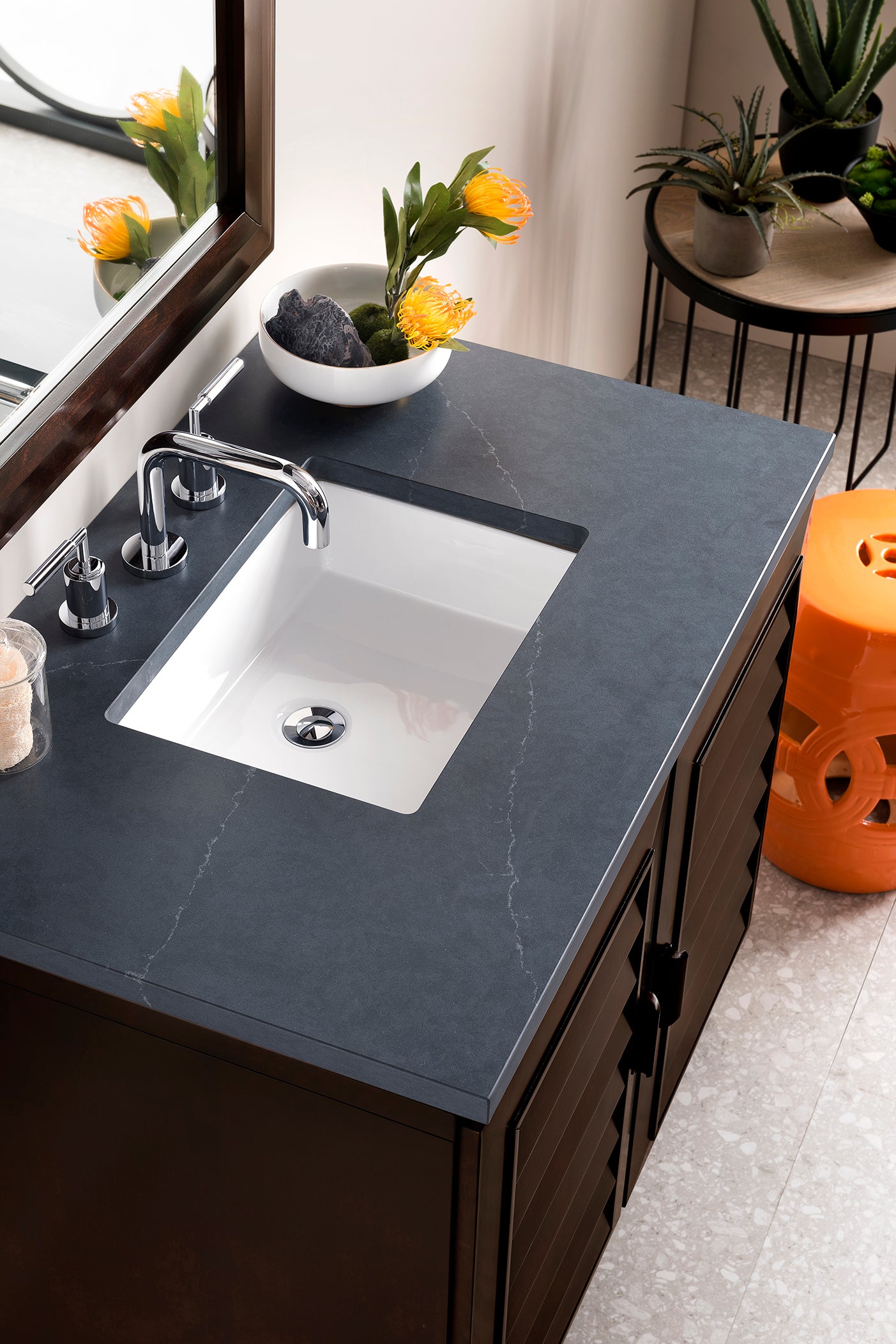 Portland 36 Inch Single Bathroom Vanity with Burnished Mahogany Finish & 3CM Charcoal Soapstone Quartz Countertop - Perfect for Modern Master Bathrooms and Powder Rooms