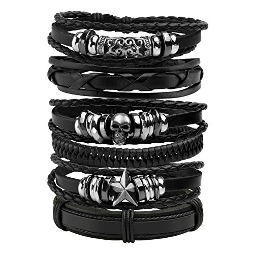 Manfnee 6-12PCS Braided Leather Bracelet Set - Punk Cuff Wrap Bracelets for Men & Women - Adjustable Black Wristbands - Perfect for Casual Wear, Gifts & Festival Outfits