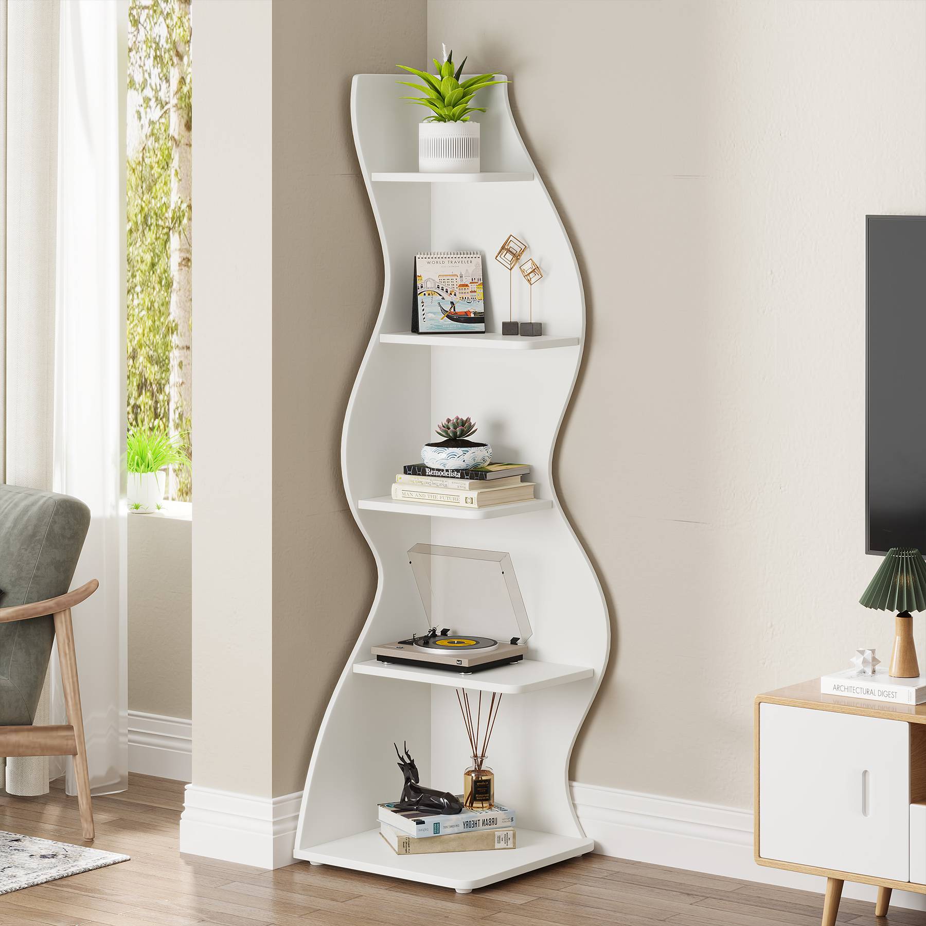 5 Tier Corner Shelf - Modern Wall Mounted Corner Bookshelf for Living Room, Bedroom, Office | Space Saving Storage Solution for Books, Plants & Decor