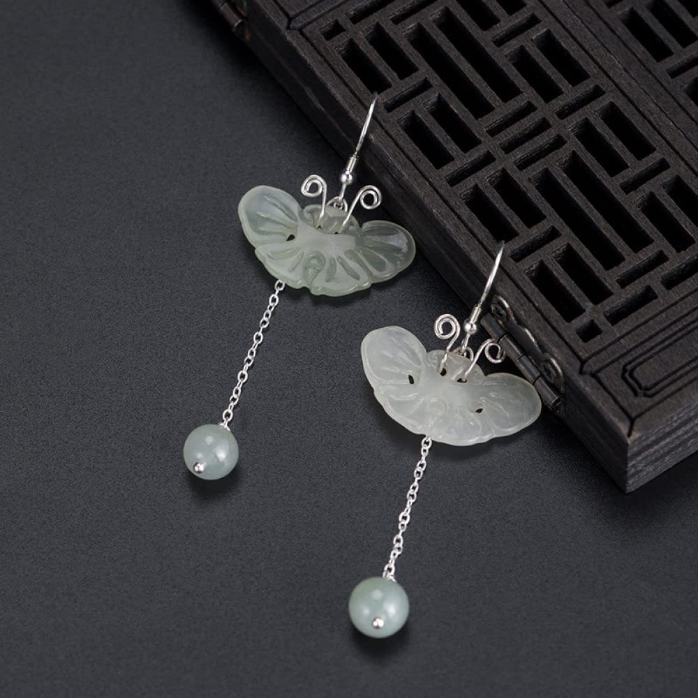 925 Sterling Silver Long Dangle Earrings for Women - Vintage Butterfly Round Hetian Jade Beads with Tassel Chain, Elegant Hook Earrings (Gift Box Included) - Perfect for Weddings, Parties & Special Occasions