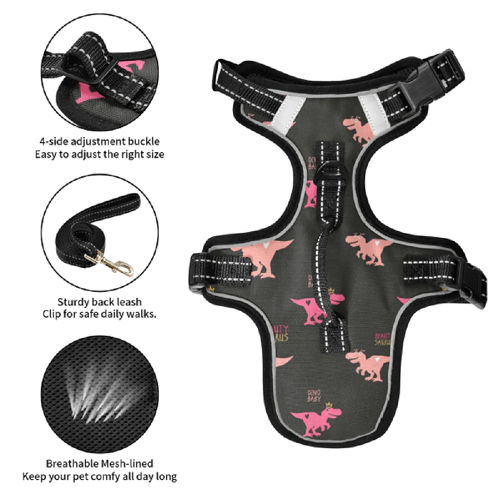 Dinosaur Dog Harness No Pull Pet Vest - Reflective Breathable Small & Medium Dog Harness with Nylon Handle for Walking, Hiking & Outdoor Adventures