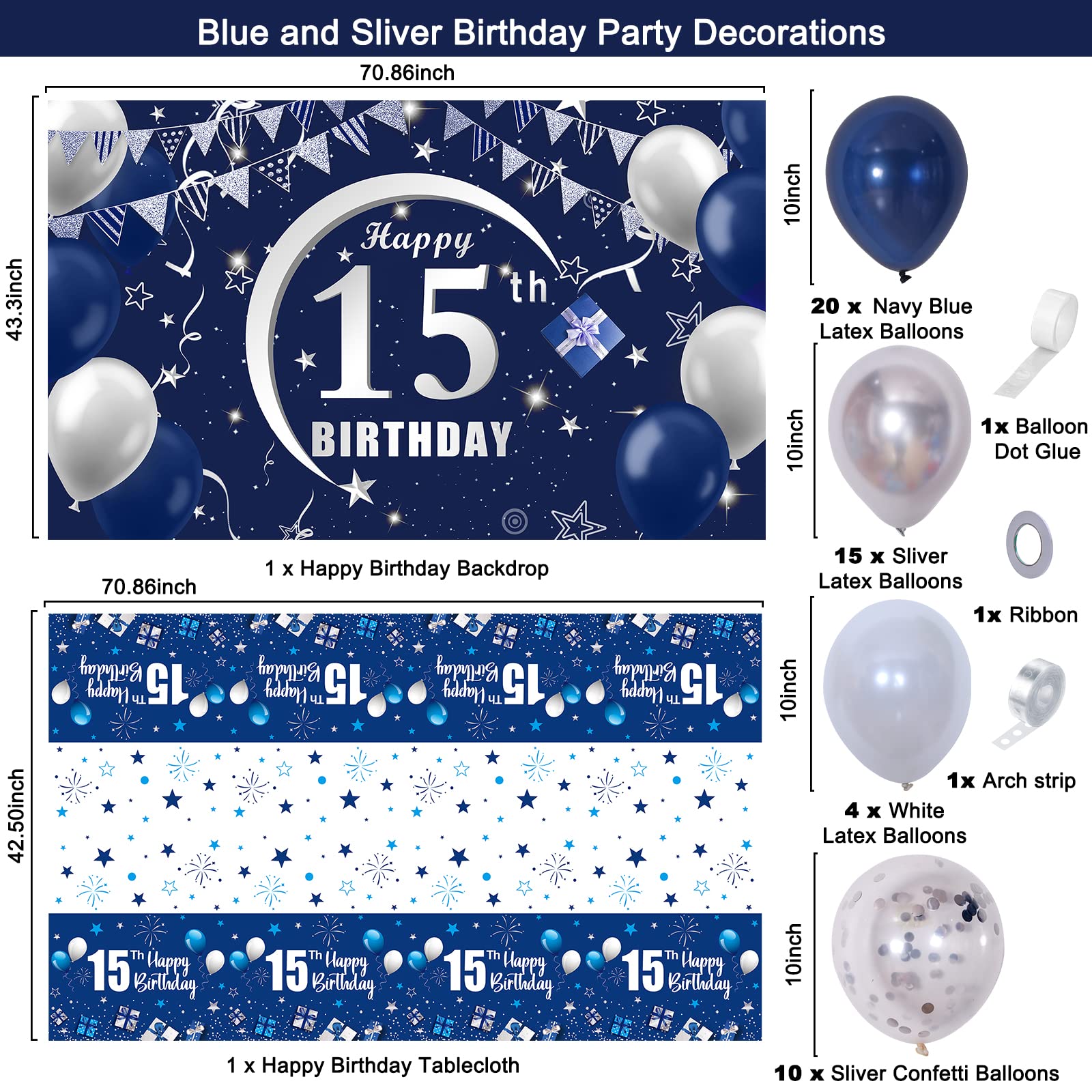 **Happy 15th Birthday Decorations Kit for Boys & Girls - Navy Blue Backdrop, Tablecloth, Balloon Garland - Perfect for Teen Birthday Parties, Sweet 16 Prep, and Milestone Celebrations**