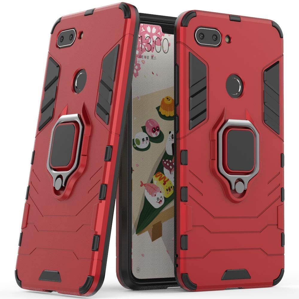 Shockproof Hard Bumper Case for Xiaomi Mi 8 Lite with Metal Ring Grip & Kickstand - Compatible with Magnetic Car Mount, Dual Layer Rugged Cover (Red) - Perfect for Daily Use, Travel, and Hands-Free Viewing