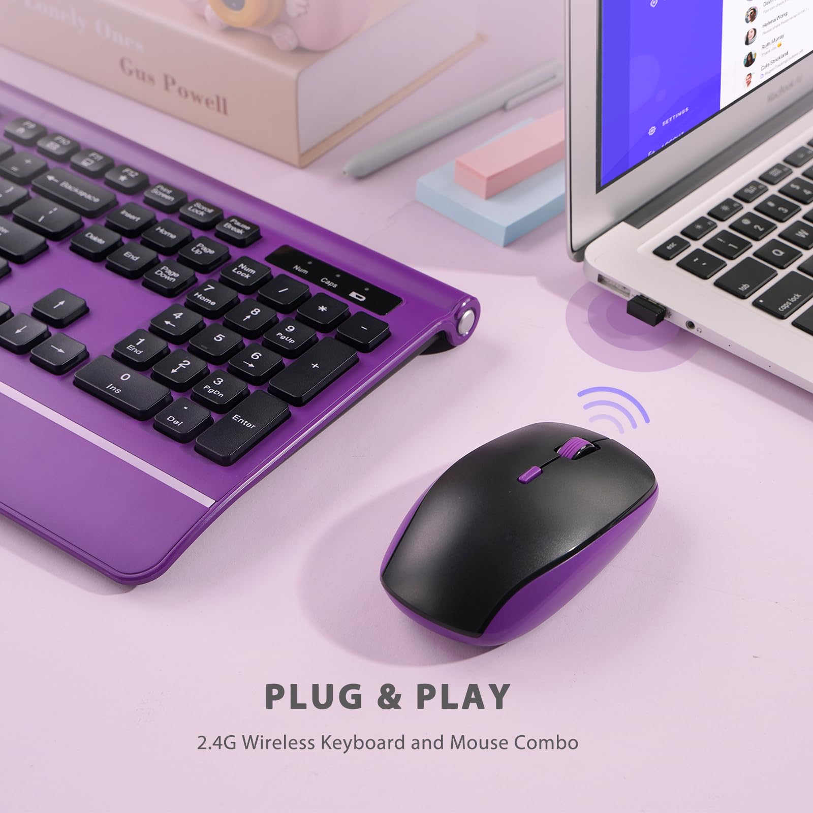 Wireless Keyboard and Mouse Combo, 2.4G Silent Purple Set with Wrist Rest for PC, Laptop - Home & Office Use