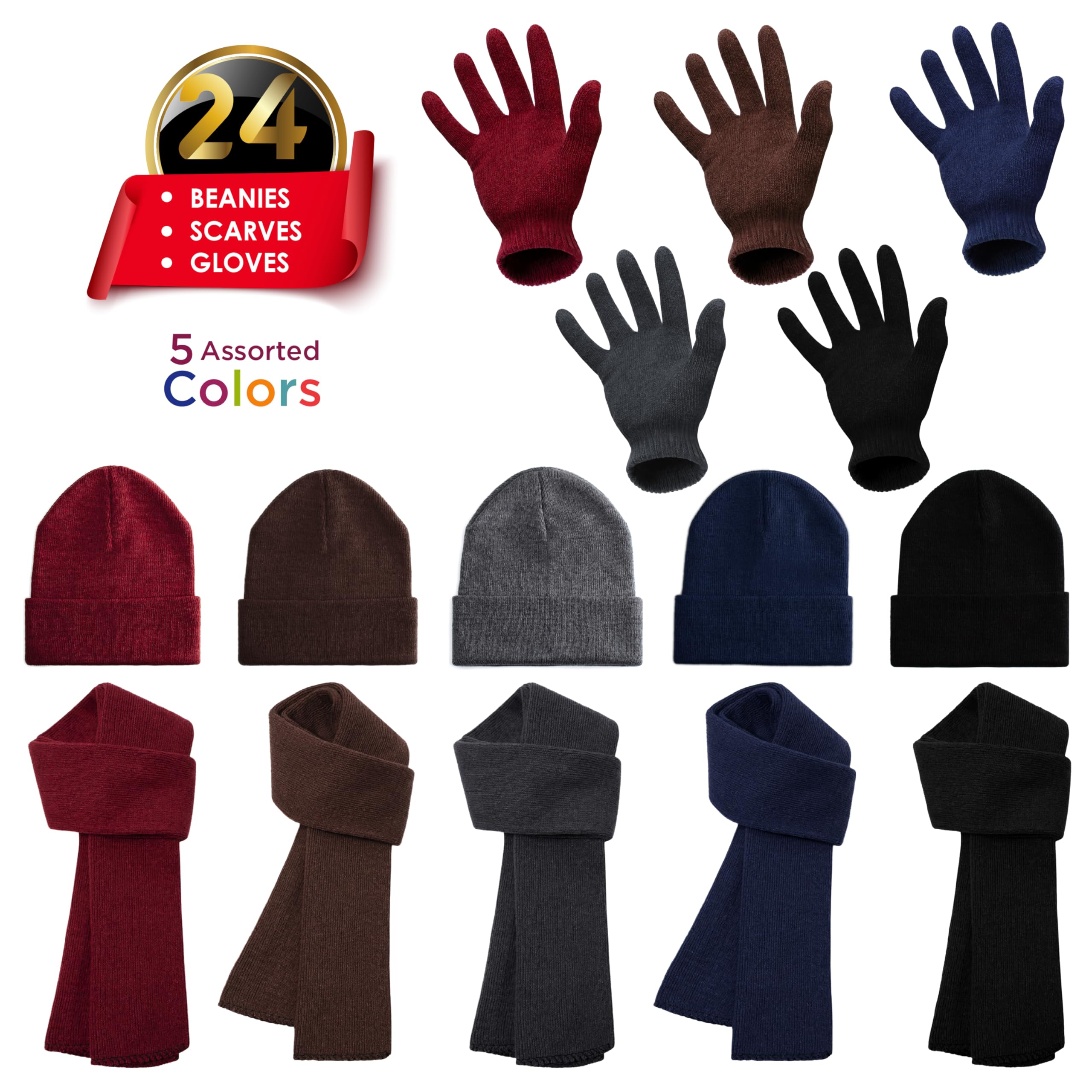 72-Pack Winter Accessories Bundle - 24 Pairs of Gloves, 24 Scarves & 24 Beanies - Bulk Cold Weather Supplies for Emergency Kits, Homeless Shelters & Charity Donations - Perfect for Winter Survival, Outdoor Activities & Community Support
