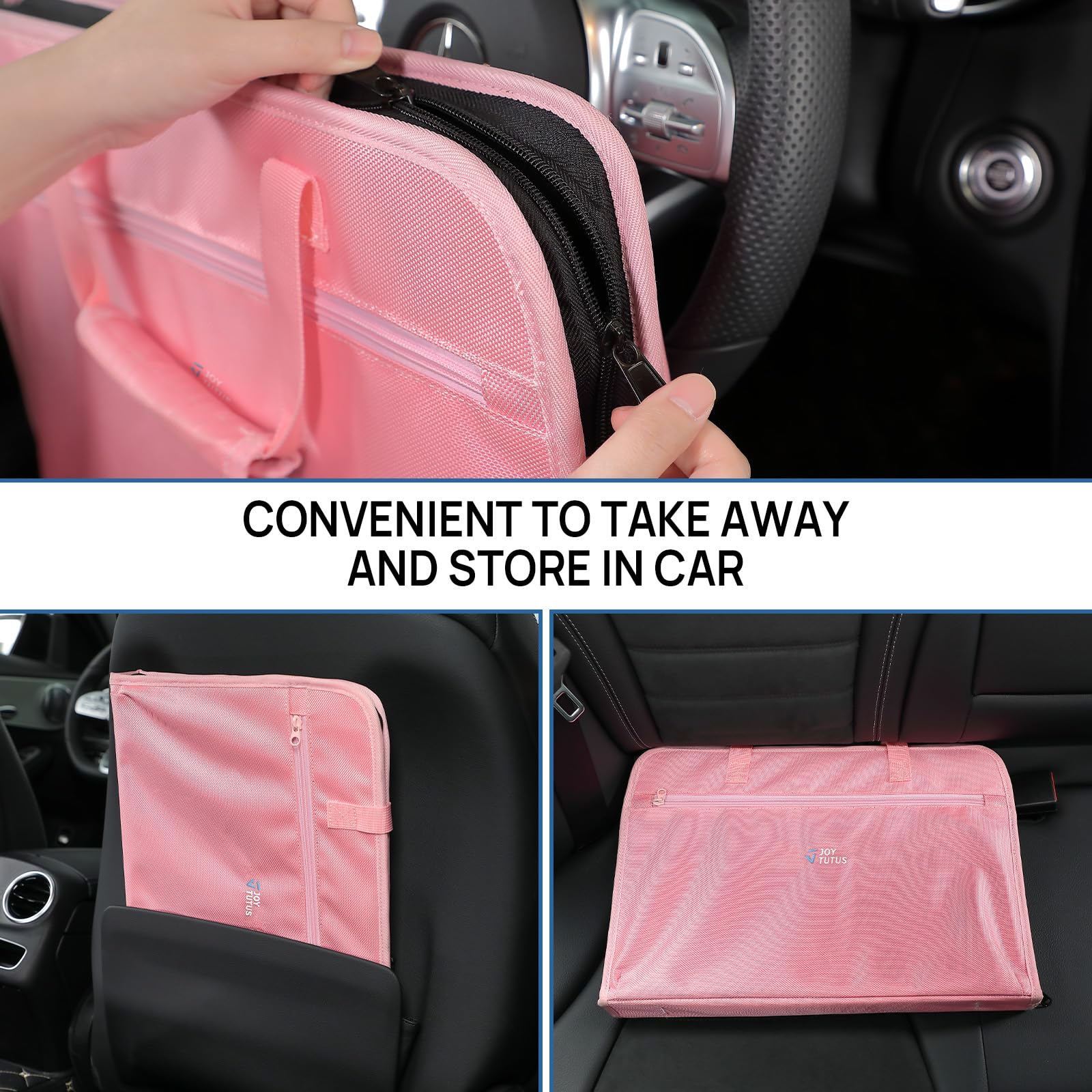 JOYTUTUS 3-in-1 Car Steering Wheel Tray - Pink Multifunctional Car Desk for Eating, Working & Organizing | Portable Laptop Table for Backseat, Kids & Commuters | Perfect for Road Trips, Office Work & Family Travel