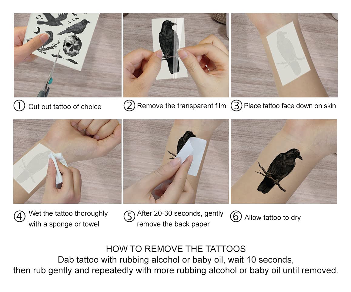 WIRESTER Temporary Tattoo Stickers for Girls, Boys, Kids & Adults - Fake Tattoos for Face, Hand, Neck & Wrist - Ravens and Crows Design - 6 x 7.87 Inch Tattoo Sheets - Perfect for Parties, Halloween, Cosplay & Body Art