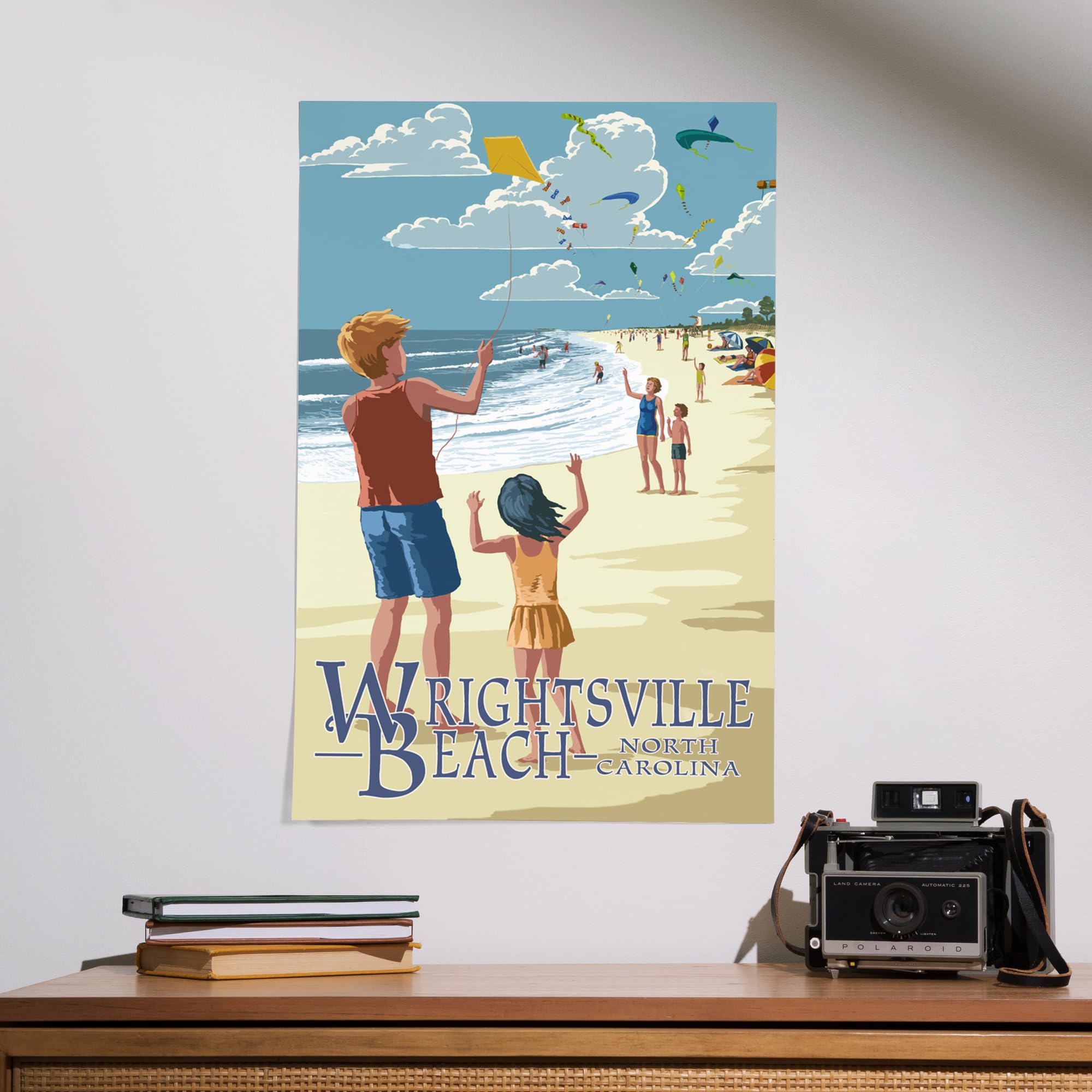 Lantern Press 16x24 Inch Giclee Art Print - Wrightsville Beach North Carolina Coastal Landscape with Kite Flyers - Wall Decor for Living Room, Bedroom & Office