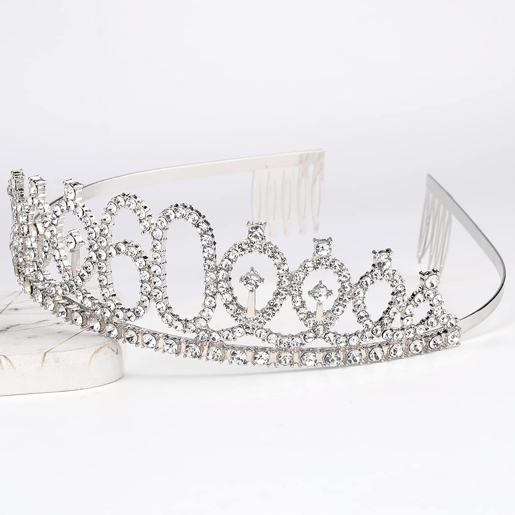 60th Birthday Sash & Tiara Set - Elegant Silver Birthday Crown for Women - Perfect 60th Birthday Gift & Party Decorations - Great for Milestone Celebrations, Birthday Parties & Photo Shoots