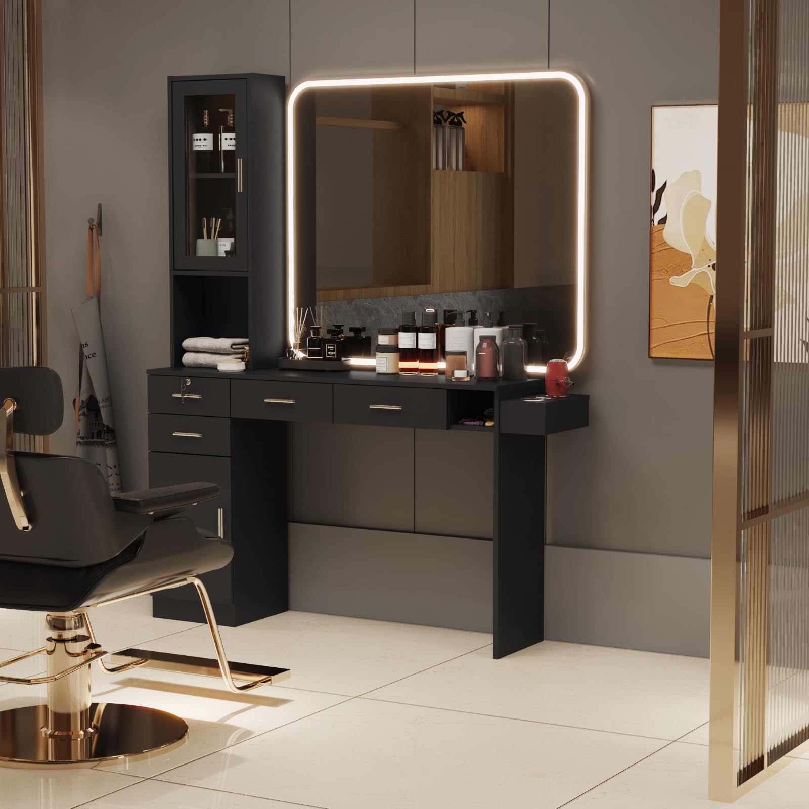 Professional Barber Salon Station Wall Mount Hair Styling Unit with Hair Dryer Holder, Storage Drawers & Open Shelves - Black Beauty Spa Furniture for Salon & Home Use