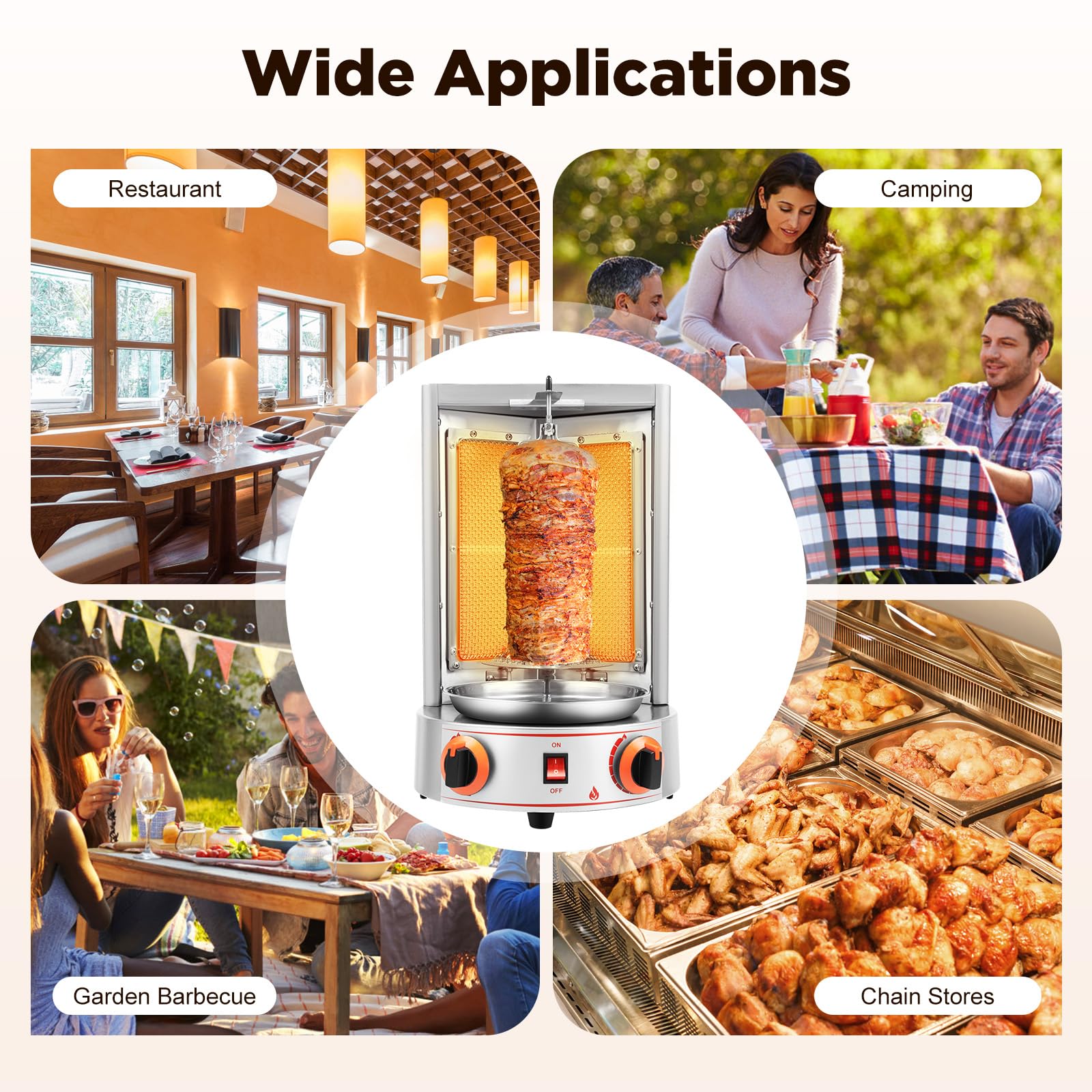 3KW Commercial Electric Vertical Broiler - Gas Doner Kebab Machine, Shawarma Rotisserie Grill with 2 Burners for Gyro, 3.28Ft Power Cord & 2.95Ft Gas Hose - Perfect for Restaurants, Food Trucks, and Catering Businesses