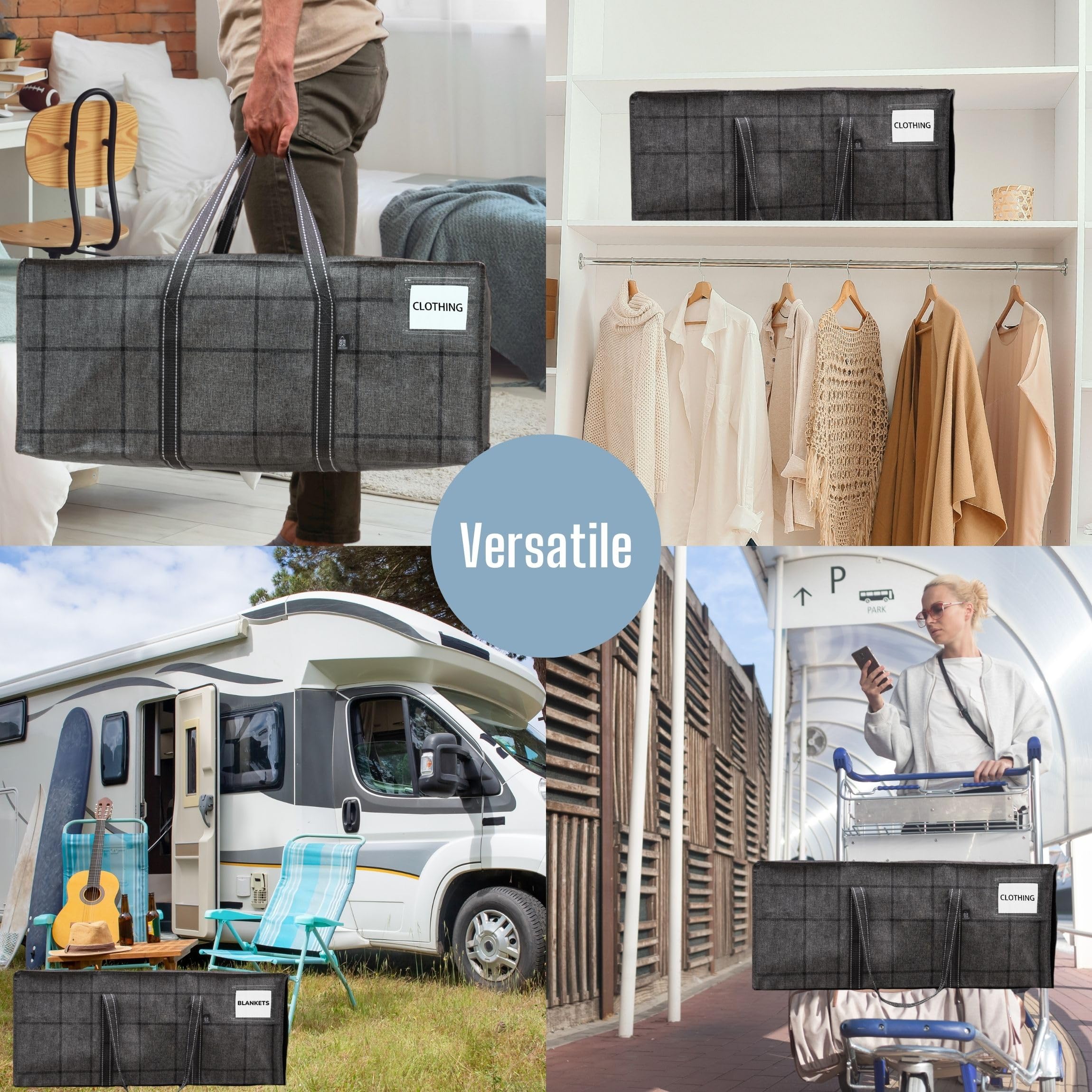 VENO 6-Pack Extra Large Heavy Duty Moving Bags with Zippers & Reinforced Handles - Waterproof Storage Bags for Clothes, Laundry, Travel & Camping - Durable Foldable Moving Box Alternative (Black Window Design) - Perfect for Home Organization, College Dorm Move & Outdoor Adventures