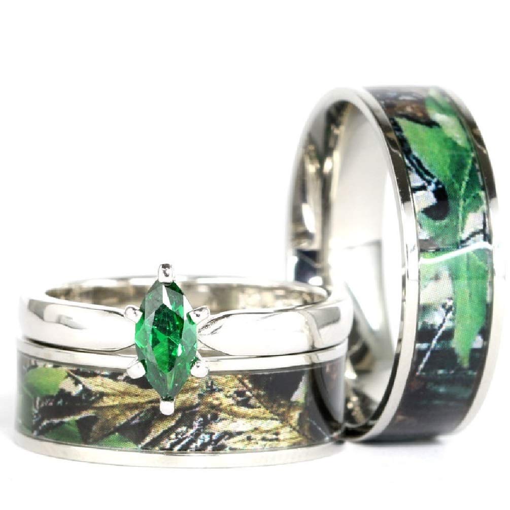 His & Hers Green Camo Wedding Ring Sets - Matching Camo Wedding Bands for Couples - Tungsten Carbide Engagement Ring Set - Durable & Scratch-Resistant Wedding Rings for Men & Women - Perfect for Outdoor Enthusiasts, Military Couples and Nature Lovers