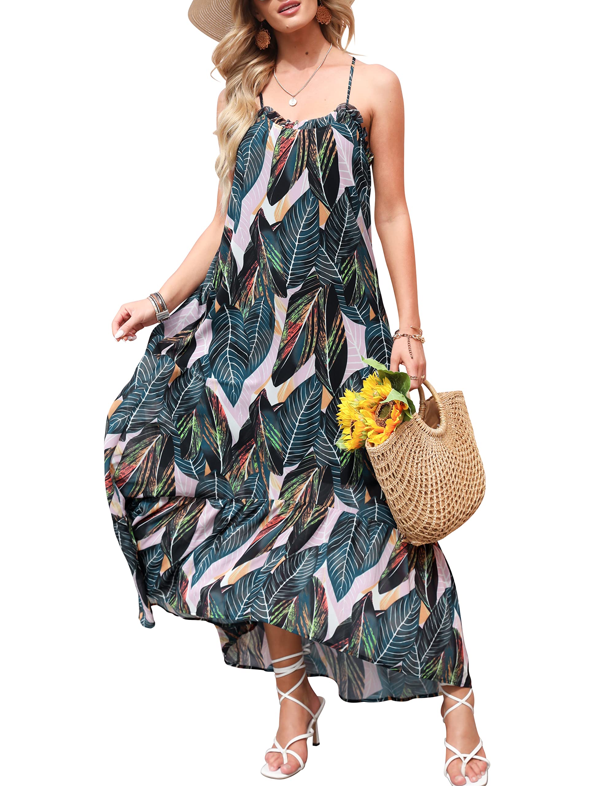 LOGENE Women's Floral Print Boho Maxi Dress - Loose Casual Long Sundress for Summer Beach, Vacation & Outdoor Parties | Lightweight Flowy Dress for Travel, Date Night & Festivals