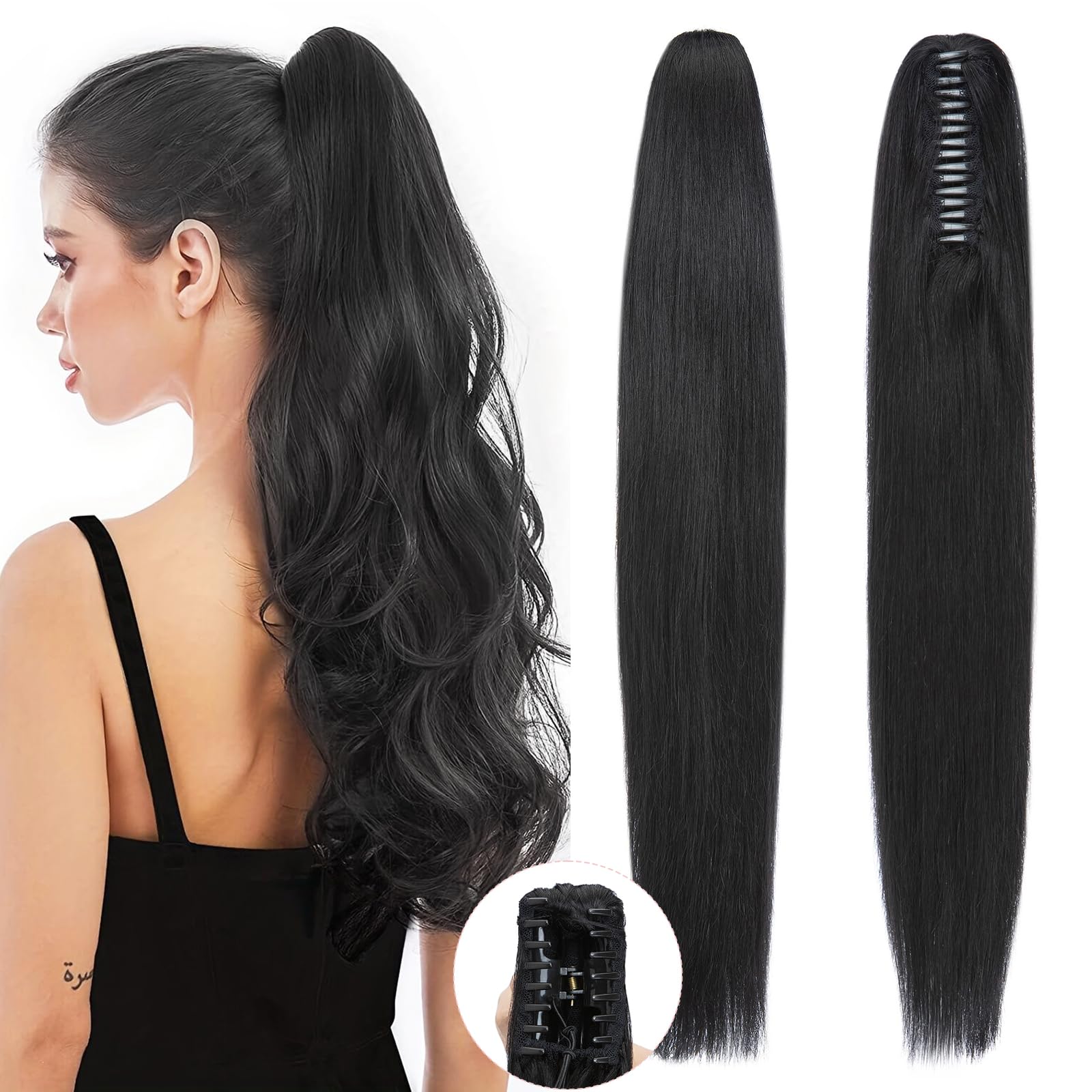 22 Inch #1 Natural Black Human Hair Clip-In Ponytail Extension - 120g Long Straight Real Hair Ponytail with Claw Clip for Women | Perfect for Daily Wear, Parties & Special Occasions