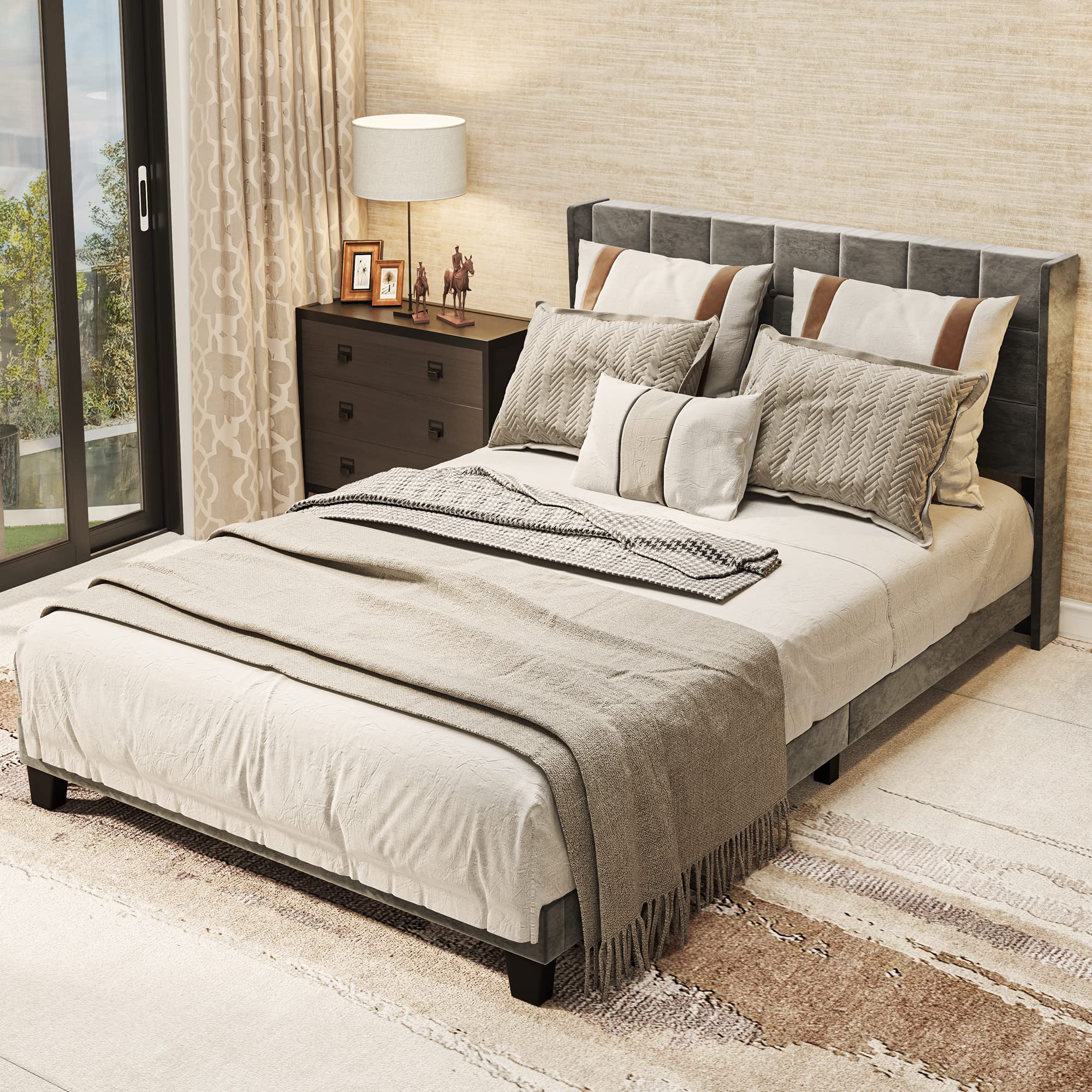YITAHOME Queen Size Upholstered Bed Frame with Grey Velvet Tufted Headboard - Platform Bed Base with Wood Slat Support, No Box Spring Needed - Luxury Bedroom Furniture for Master Bedroom or Guest Room
