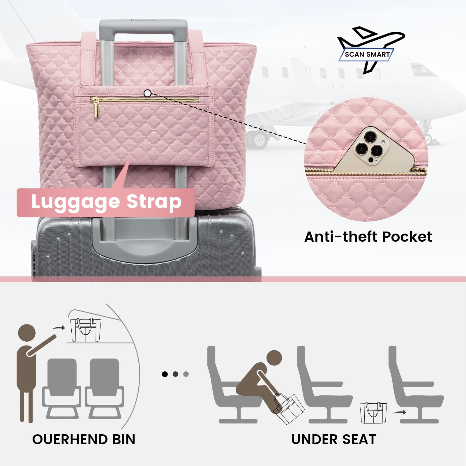LOVEVOOK 17 Inch Diamond Quilted Laptop Tote Bag for Women - Stylish Work & Travel Computer Shoulder Bag, Briefcase Handbag with Clutch Purse (Pink) - Perfect for Office, Business Meetings & Daily Commute