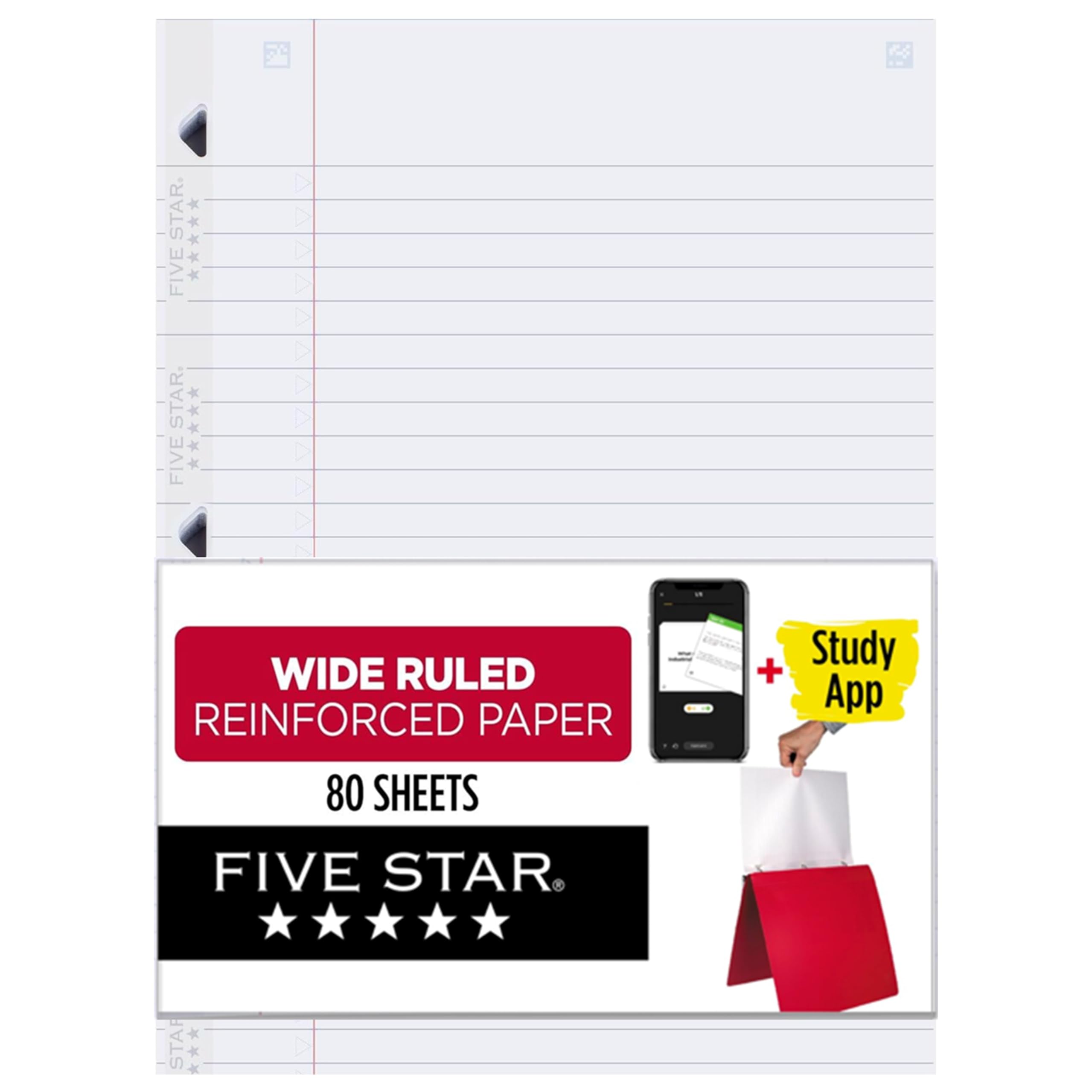 **Five Star Wide Ruled Loose Leaf Paper - 8 x 10.5 Inches, 80 Sheets, Reinforced Edges, Ink Bleed Resistant for Clean Notes - Compatible with Five Star Study App - Perfect for School, College & Office Organization**