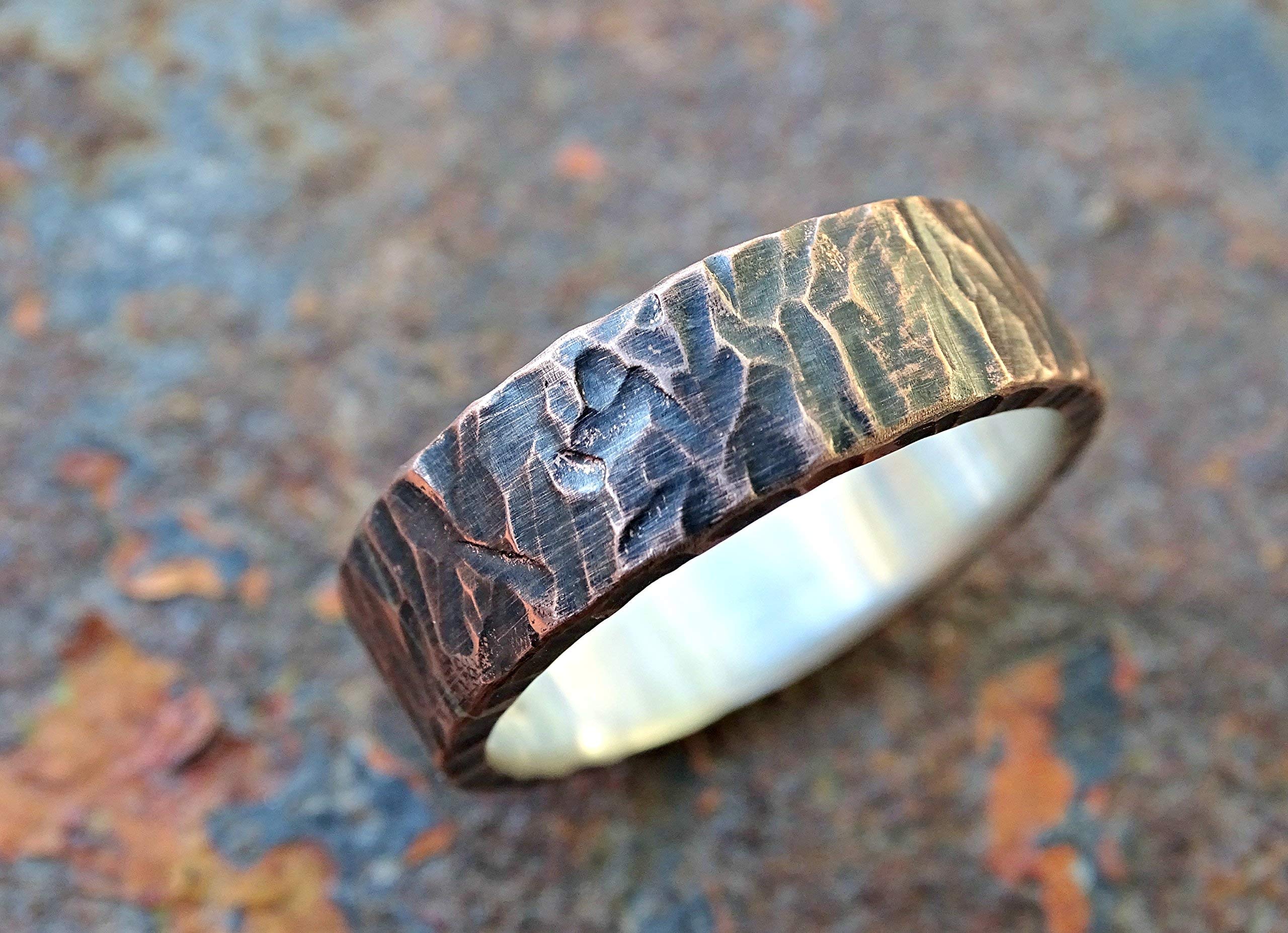 Unique Viking Wedding Band for Men - Rustic Two-Tone Mixed Metal Ring with Wood Structure - Copper Anniversary Gift for Him - Perfect for Weddings, Engagements, and Special Occasions