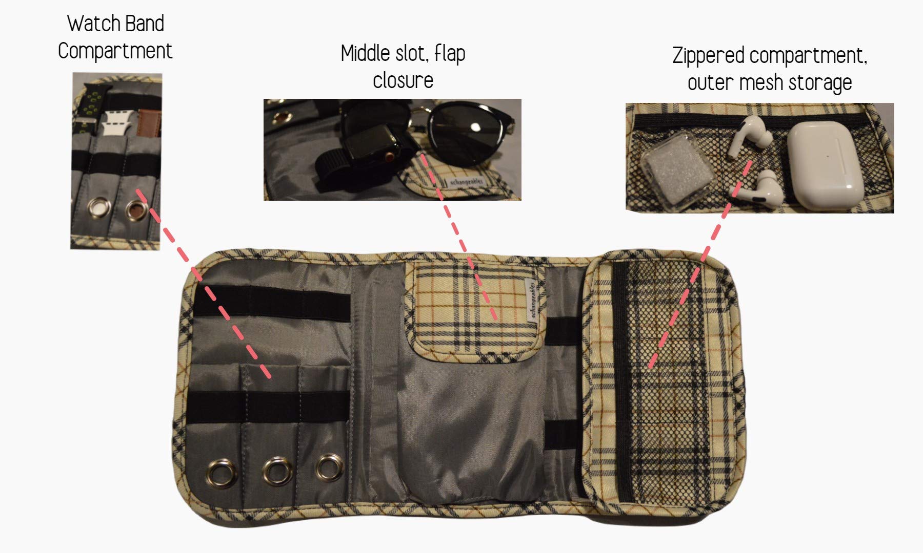 Apple Watch Band Travel Storage Organizer Case - Holds Up to 16 Straps, Chargers, USB Cables & Accessories (Beige) | Perfect for Travel, Home Organization & Electronic Accessories Storage
