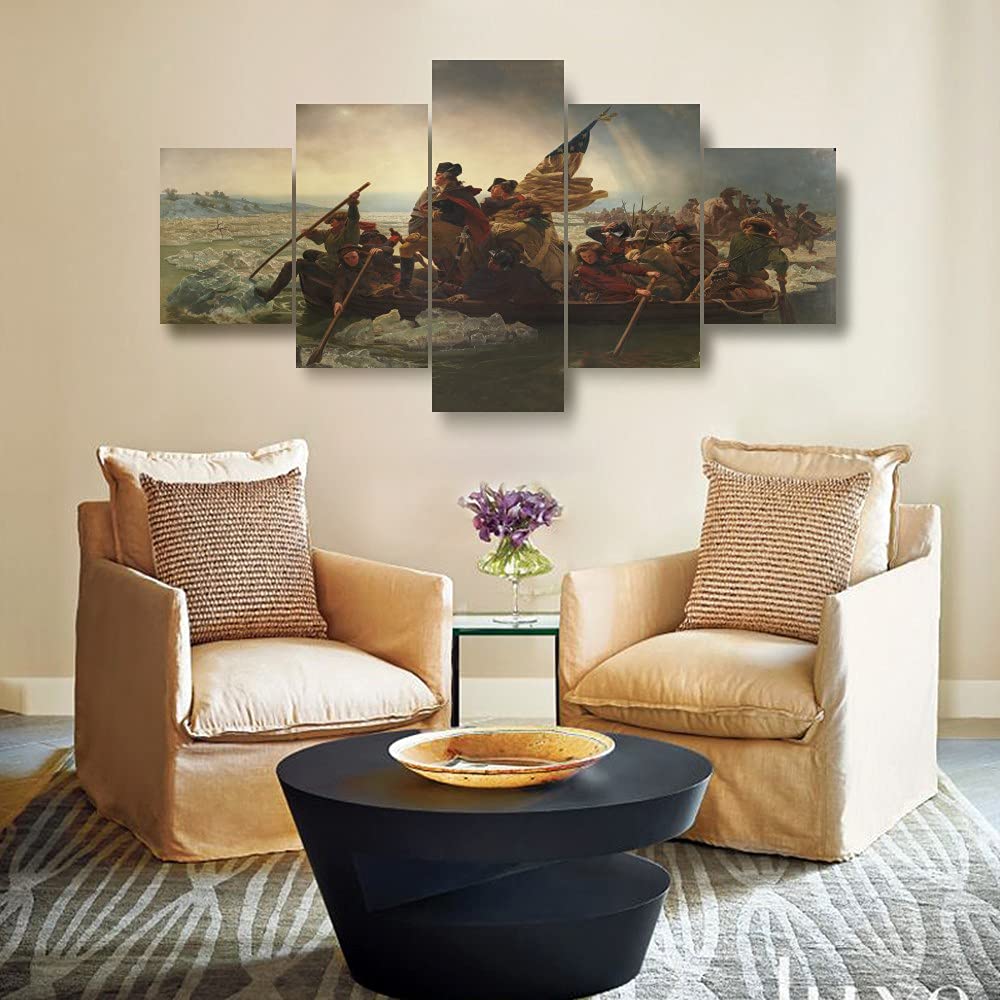 Emanuel Leutz Washington Crossing The Delaware Romanticism Giclee Canvas Art - 5 Panel Framed Wall Decor (40x22 Inch) for Living Room, Bedroom & Office - Historical Painting for Home & Workspace Decor