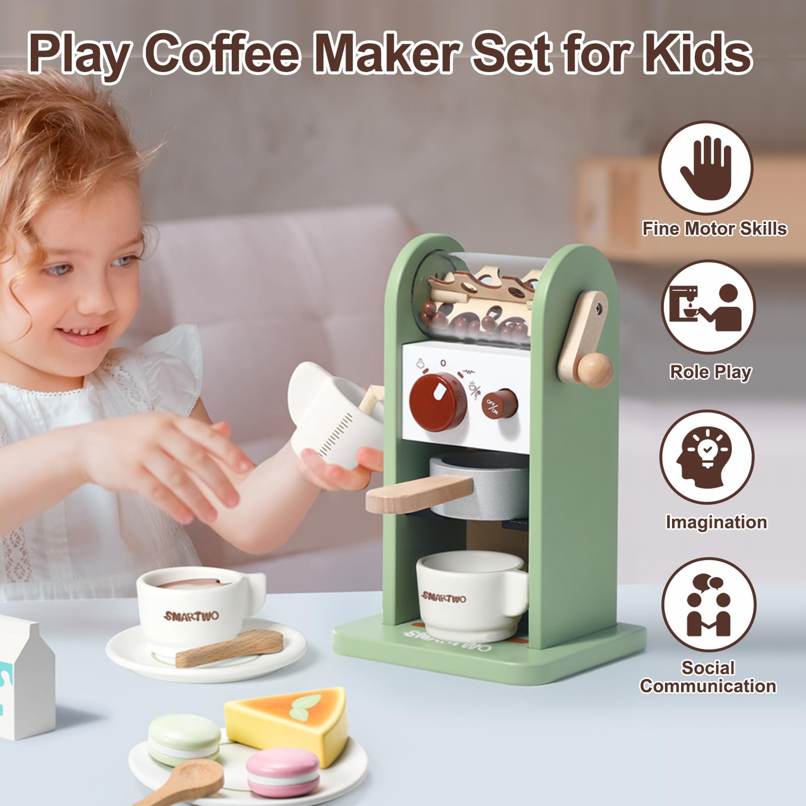 Smartwo Wooden Coffee Maker Toy with Realistic Sounds, Coffee & Dessert Playset, Wooden Kitchen Toy, Kids Pretend Play Barista Role-Playing Set, Gift for 3 4 5 Year Olds - Perfect for Preschool Learning & Imaginative Playtime