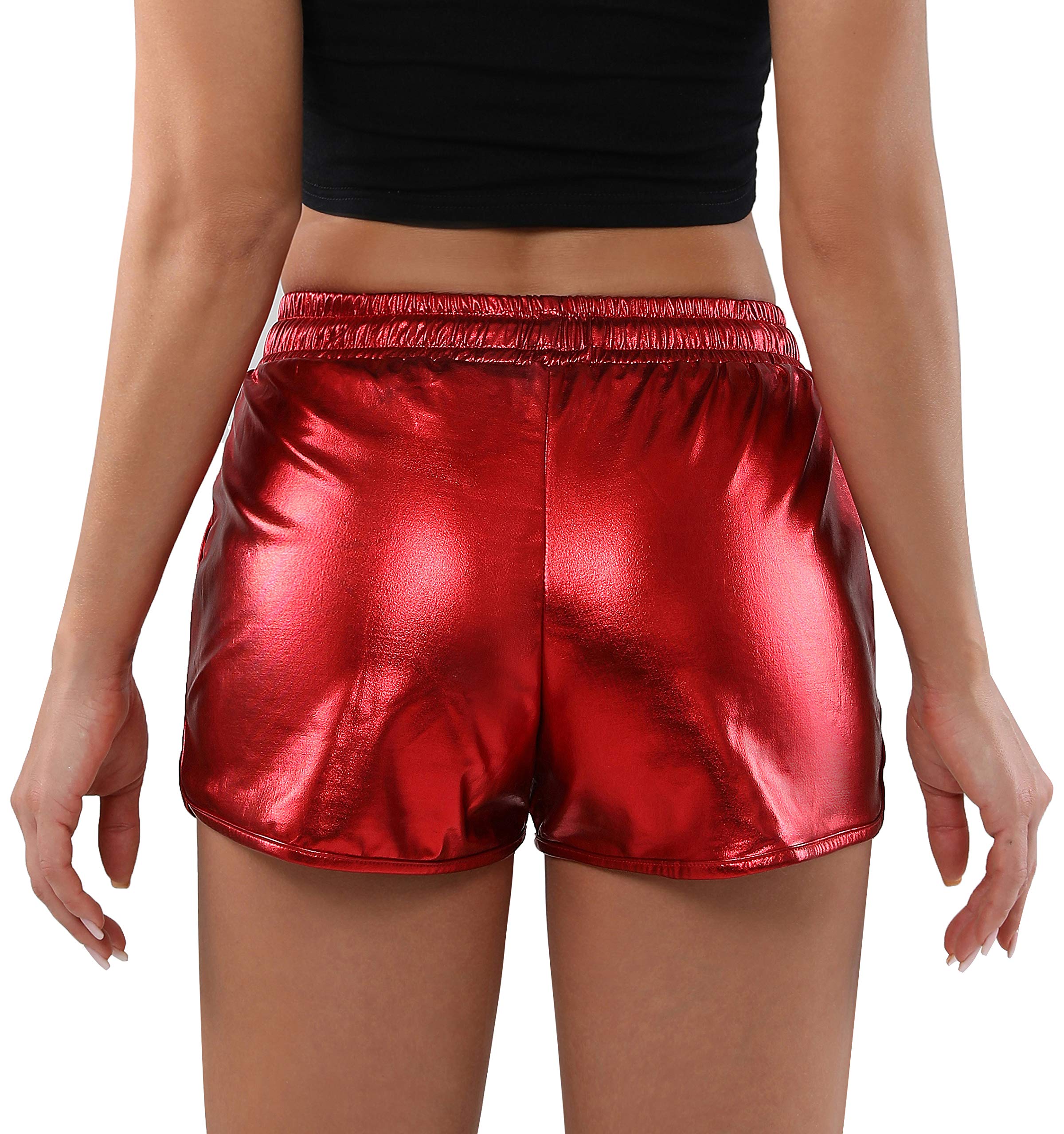 POSHDIVAH Women's Metallic Sparkly Shorts - High Waist Shiny Elastic Drawstring Gym Shorts for Running, Yoga & Night Out