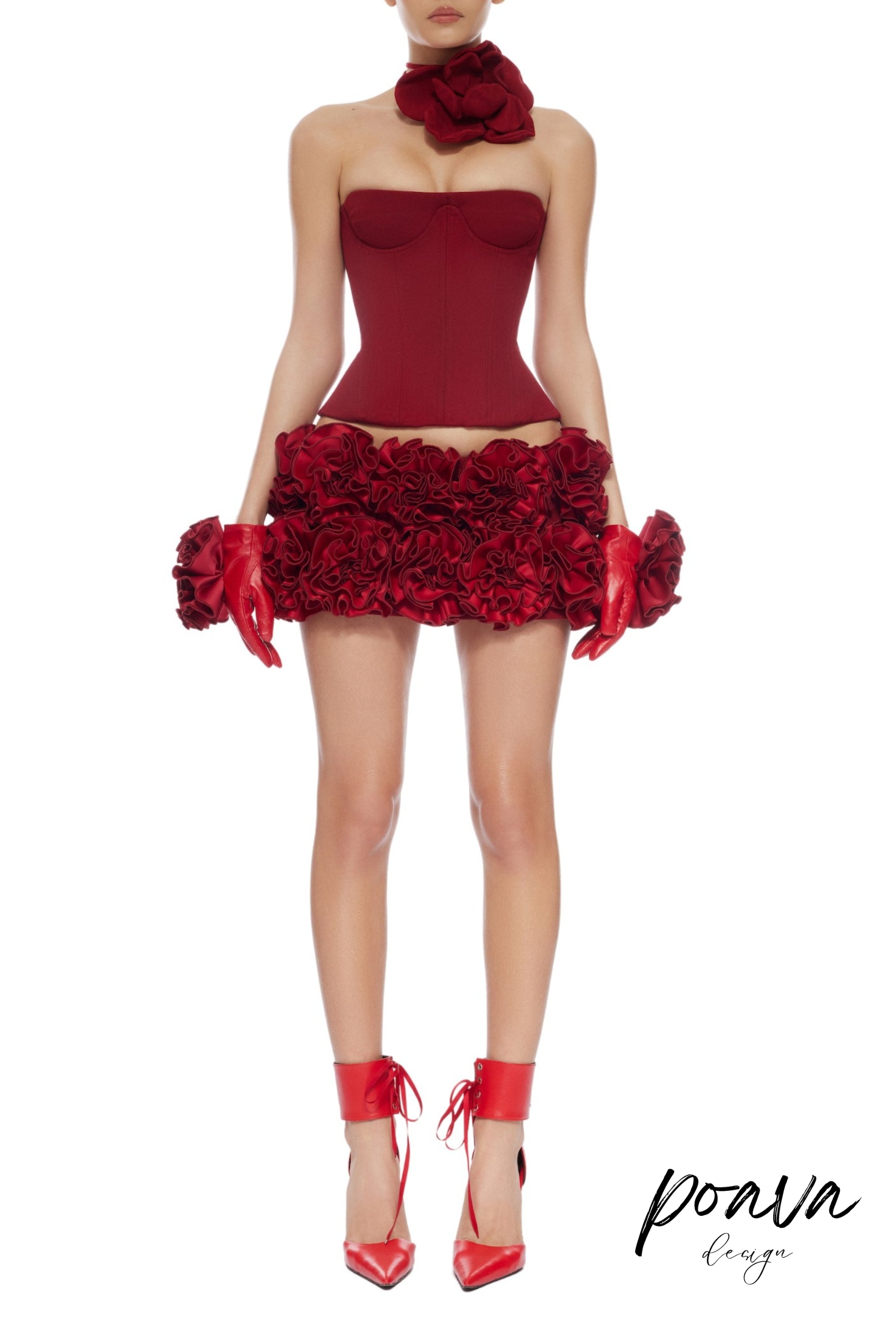 Elegant Red Corset Two-Piece Set with Floral Design - Perfect for Date Night, Parties & Special Occasions