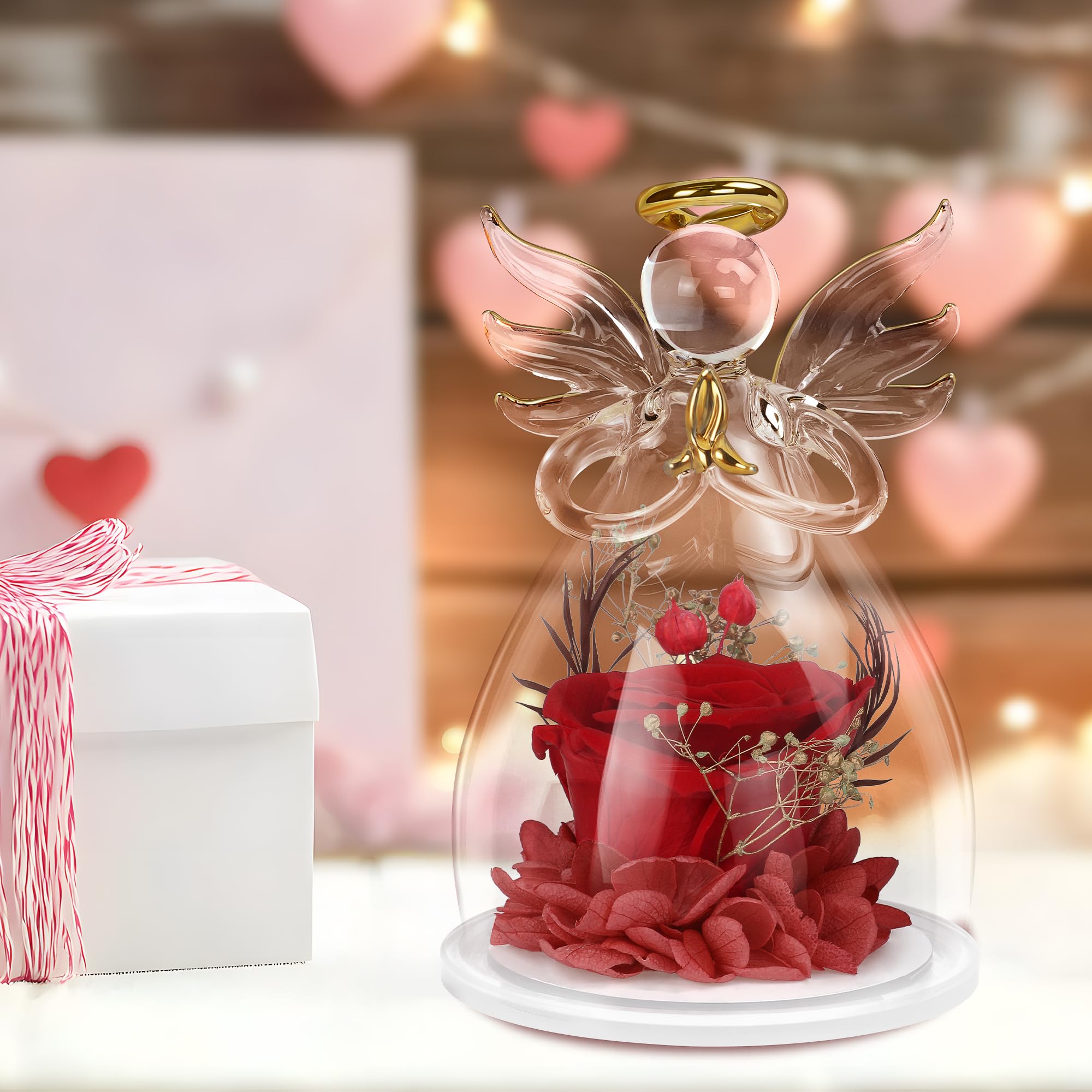 Preserved Rose in Glass Angel Figurine - Mother's Day, Birthday Gift for Women, Mom, Grandma, Wife, Sister - Perfect for Home Decor, Wedding Centerpiece, and Romantic Keepsakes