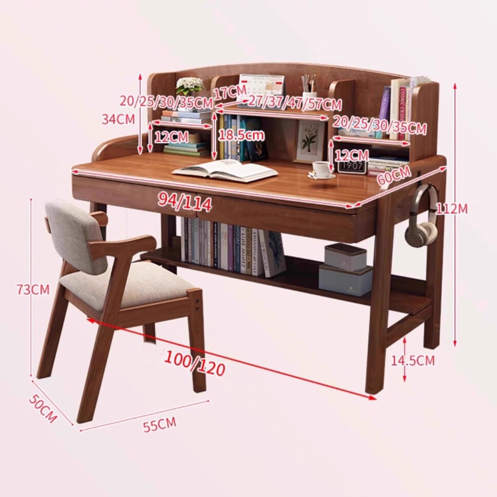 Solid Wood Kids Desk with Drawers & Bookshelf - Adjustable Height Study Desk for Children & Adults - Multi-Functional Writing Computer Workstation with Hooks - Perfect for Home Office, Online Learning & Remote Work (White)