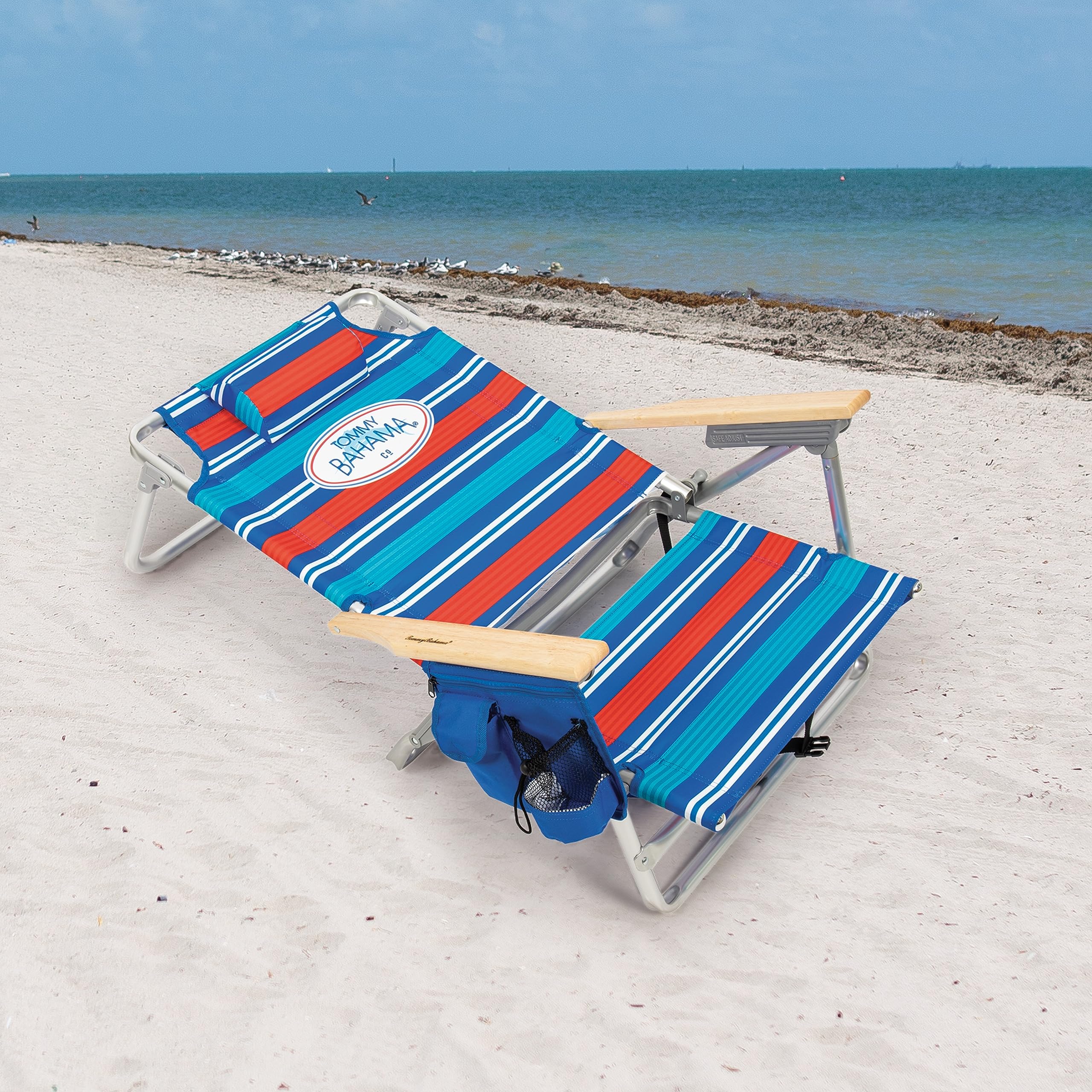 Tommy Bahama 2-Pack 5-Position Reclining Beach Chairs with Built-in Cooler, Storage Pouch & Towel Bar - Red White Blue Stripe | Perfect for Poolside Relaxation, Backyard Lounging & Beach Vacations