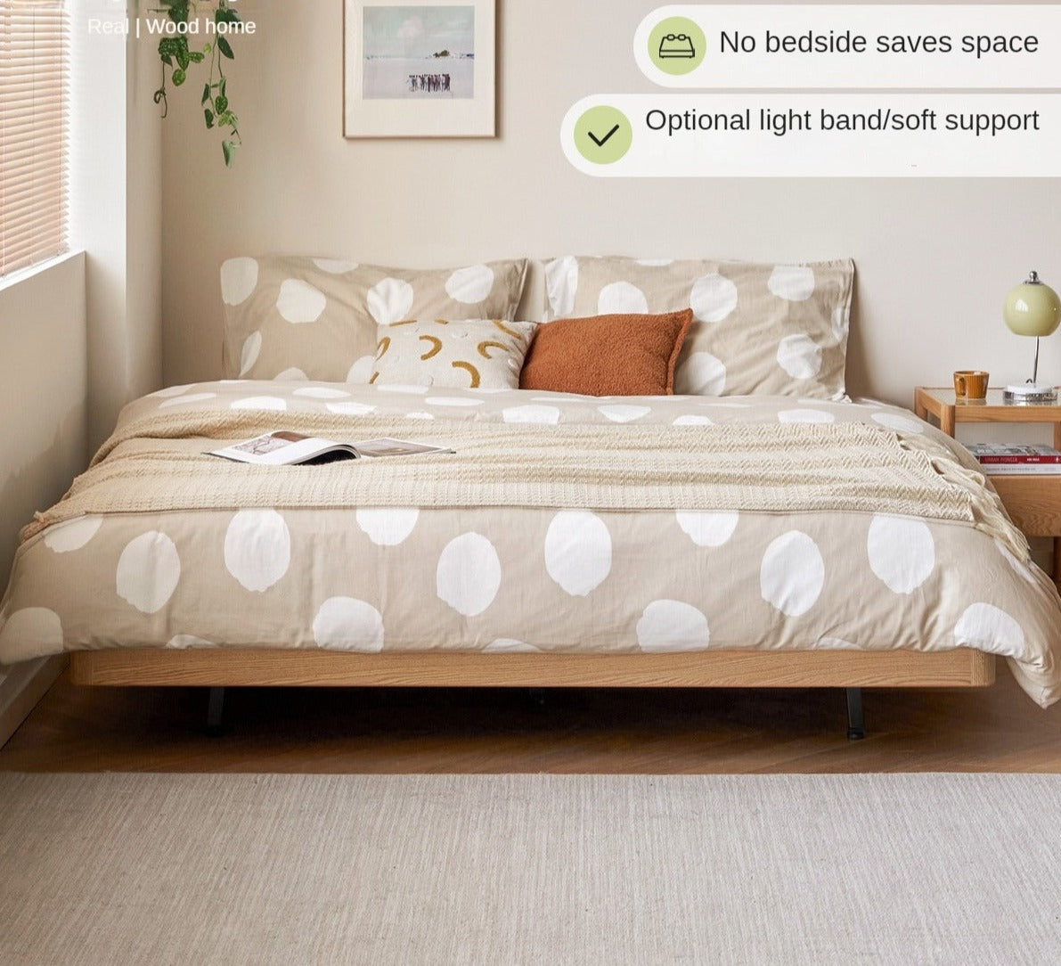 Solid Oak Wood Platform Bed - Headboard Free Modern Design with Night Light - Perfect for Bedroom, Guest Room & Small Spaces