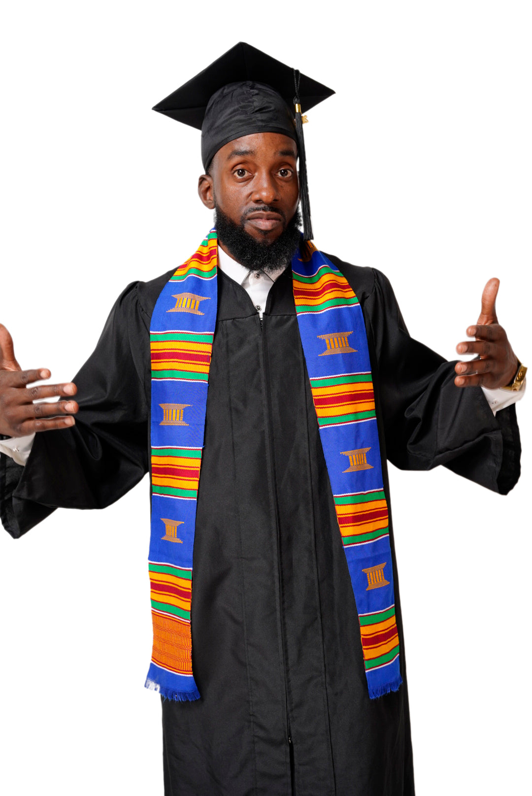 Hand Woven Blue and Gold Kente Cloth Graduation Stole - Authentic African Heritage Sash DP2169BLU for Graduation Ceremonies, Cultural Events & African Pride Celebrations