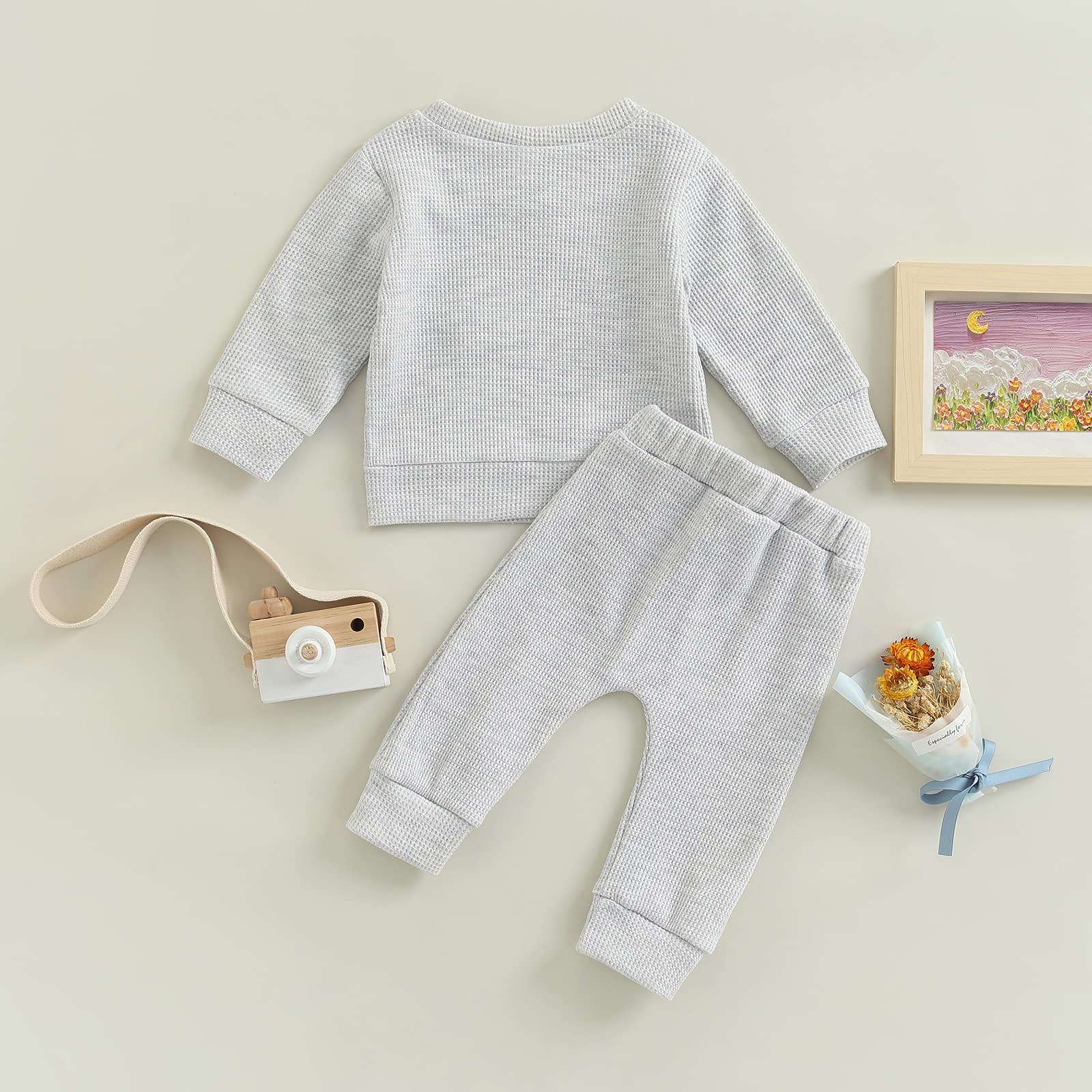 Newborn Baby Girl & Boy Fall Winter Outfit Set - Waffle Long Sleeve Pullover Sweatshirt & Drawstring Pants | Cozy Winter Wear for Infants, Photo Shoots & Holiday Gifts