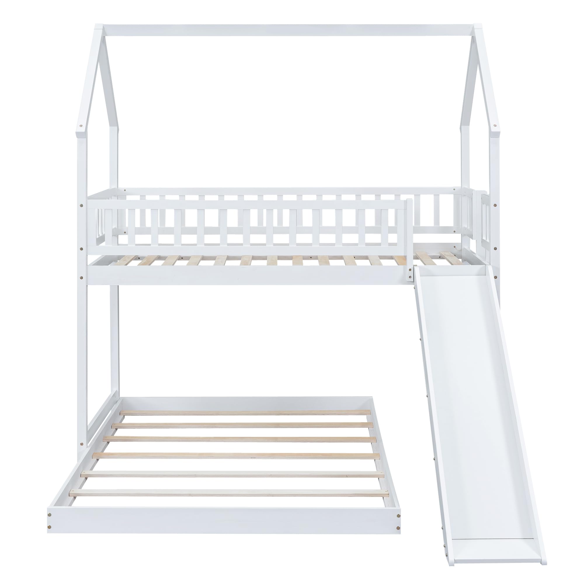 Wooden Twin Over Full Bunk Bed with Slide - Kids House Style Bunk Bed with Roof for Boys & Girls Bedroom - No Box Spring Needed - White - Perfect for Small Spaces & Sleepovers