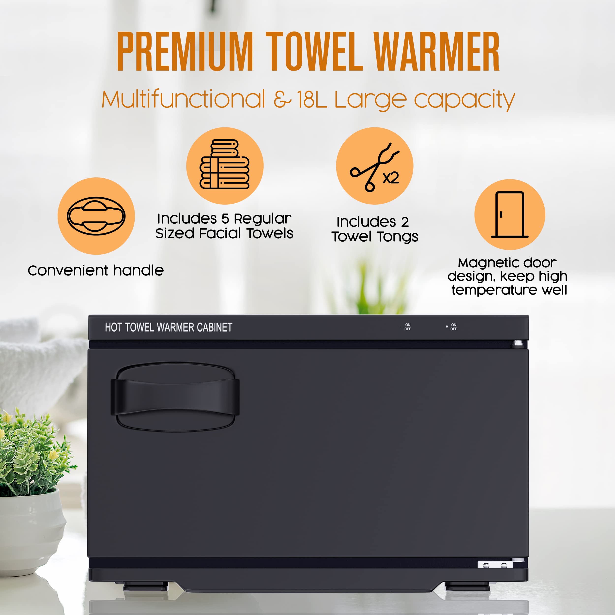Houseables Towel Warmer Cabinet - 18L Black Hot Towel Steamer with UV Sterilization for Spa, Salon & Massage - Includes 2 Tongs & 5 Towels (11