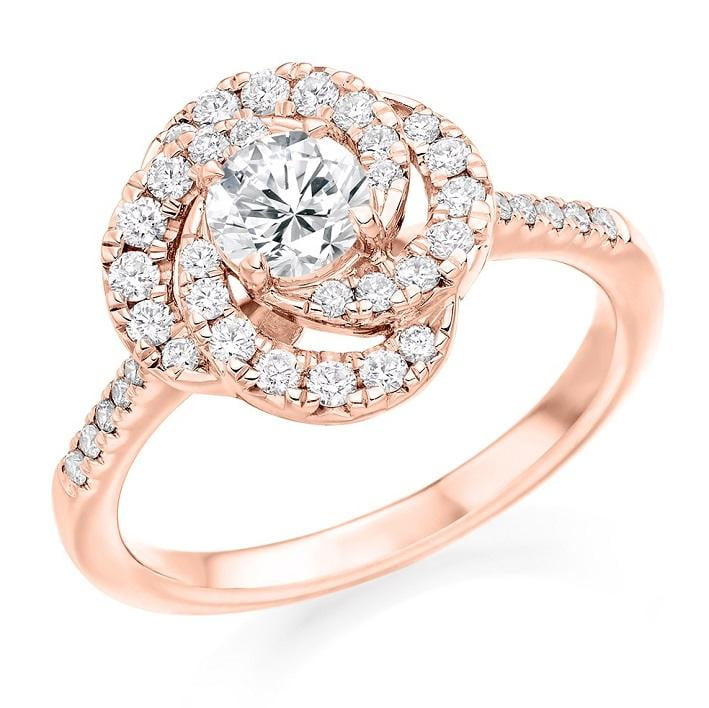 18K Rose Gold Diamond Halo & Shoulders Cluster Engagement Ring 0.95 CTW - Perfect for Proposals, Anniversaries & Bridal Jewelry (Wedding, Valentine's Day Gift)