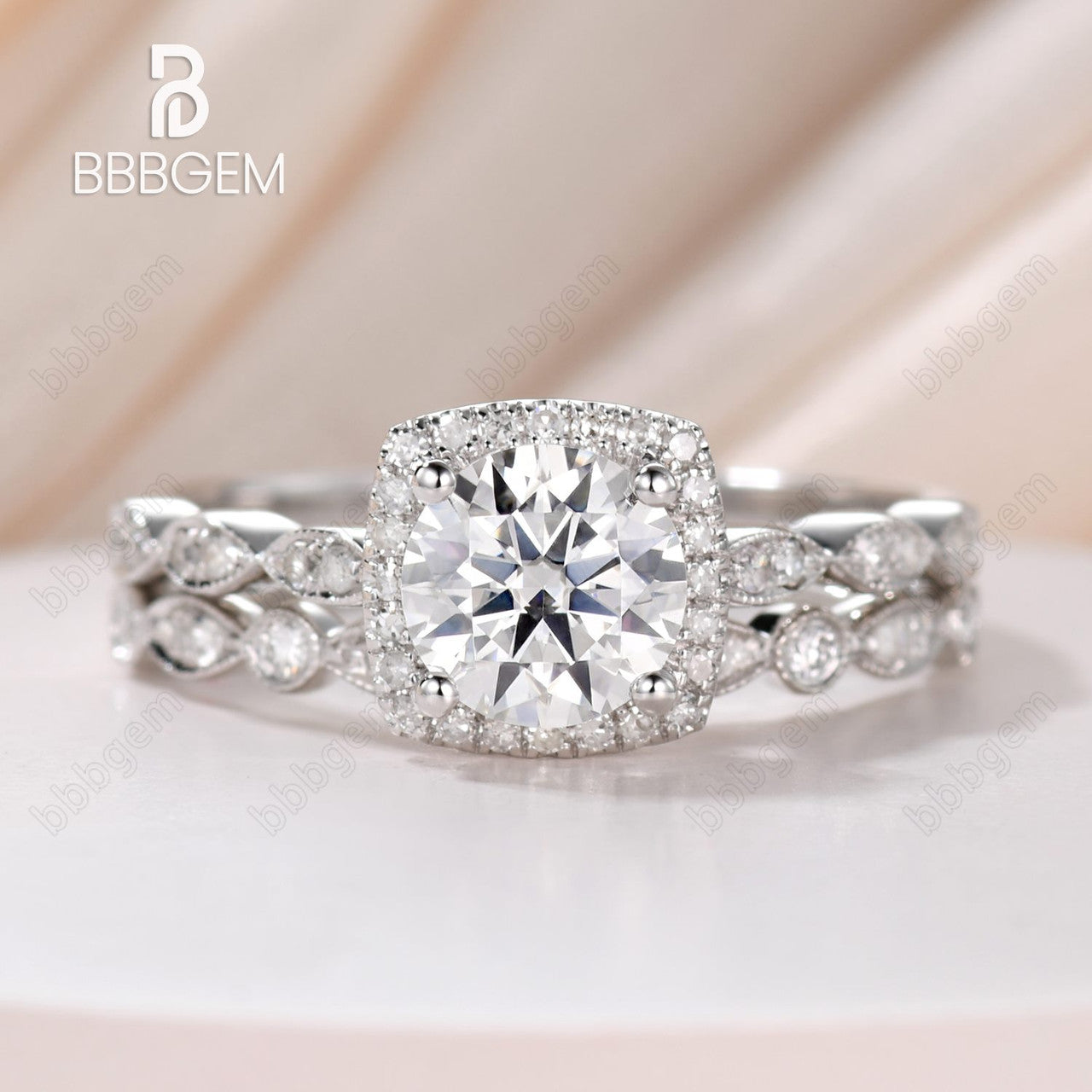 Art Deco Moissanite Engagement Ring Set with 6.5mm Round Cut & Cushion Diamond Halo - 14k White Gold Marquise Wedding Band for Women | Perfect for Proposals, Anniversaries & Bridal Jewelry