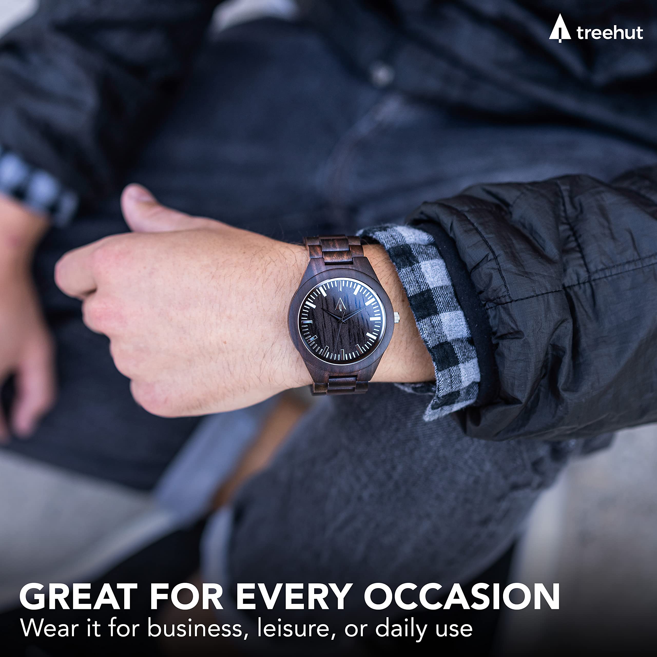 Men's Ebony Wood Watch - Japanese Quartz Movement & Adjustable Strap for Outdoor & Business