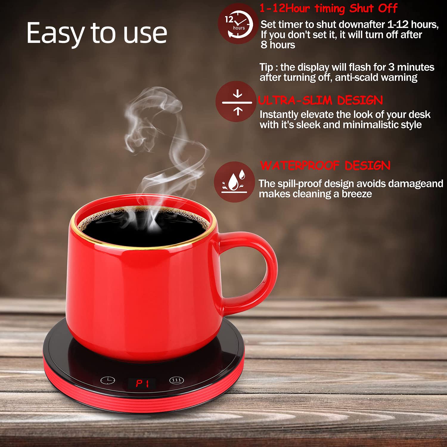 Smart Coffee Warmer for Desk - 8 Hours Auto Shut-Off, 3 Adjustable Temperature Settings, 1-12 Hour Timer - Electric Mug Warmer for Coffee & Tea (Red) - Perfect for Office, Home & Dorm Use
