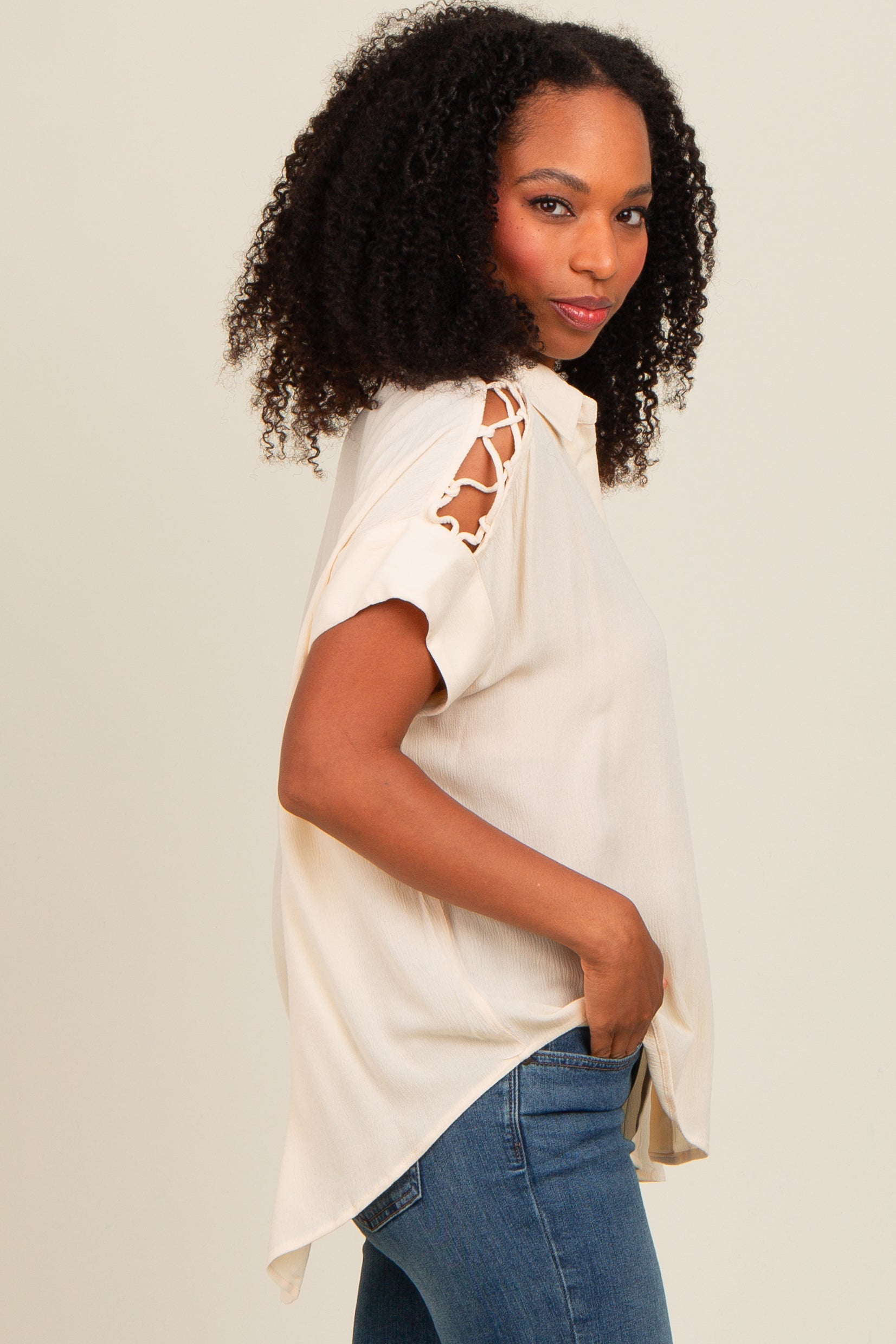 Beige Button Down Lace Up Shoulder Top for Women | Elegant Blouse with Adjustable Lace-Up Design | Perfect for Office Wear, Date Night & Summer Outfits
