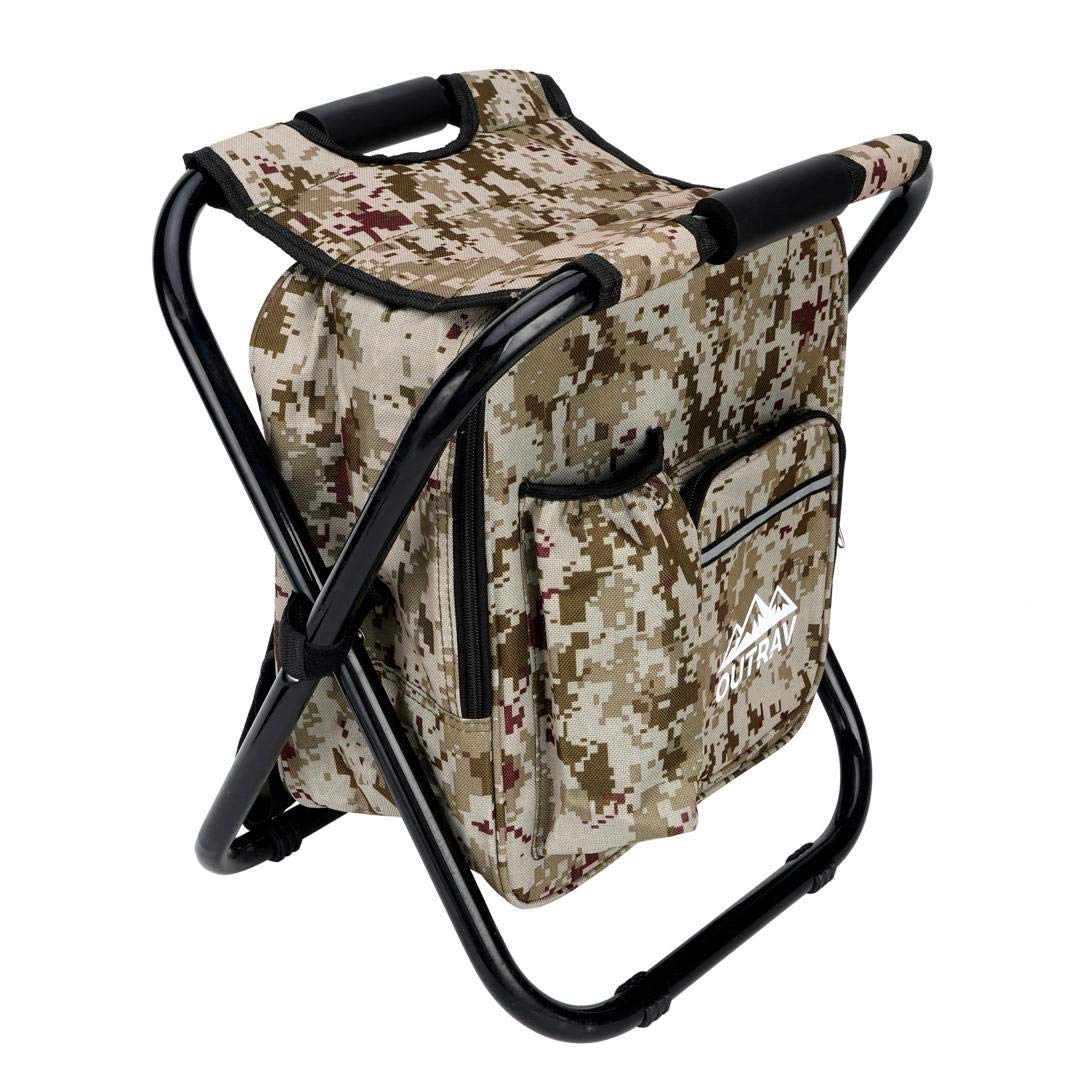 Outrav Camo Backpack Cooler with Stool - Portable Collapsible Folding Camping Chair & Insulated Cooler Bag with Zippered Front Pocket & Bottle Holder - Perfect for Hiking, Beach, Picnics, Tailgating & Outdoor Adventures