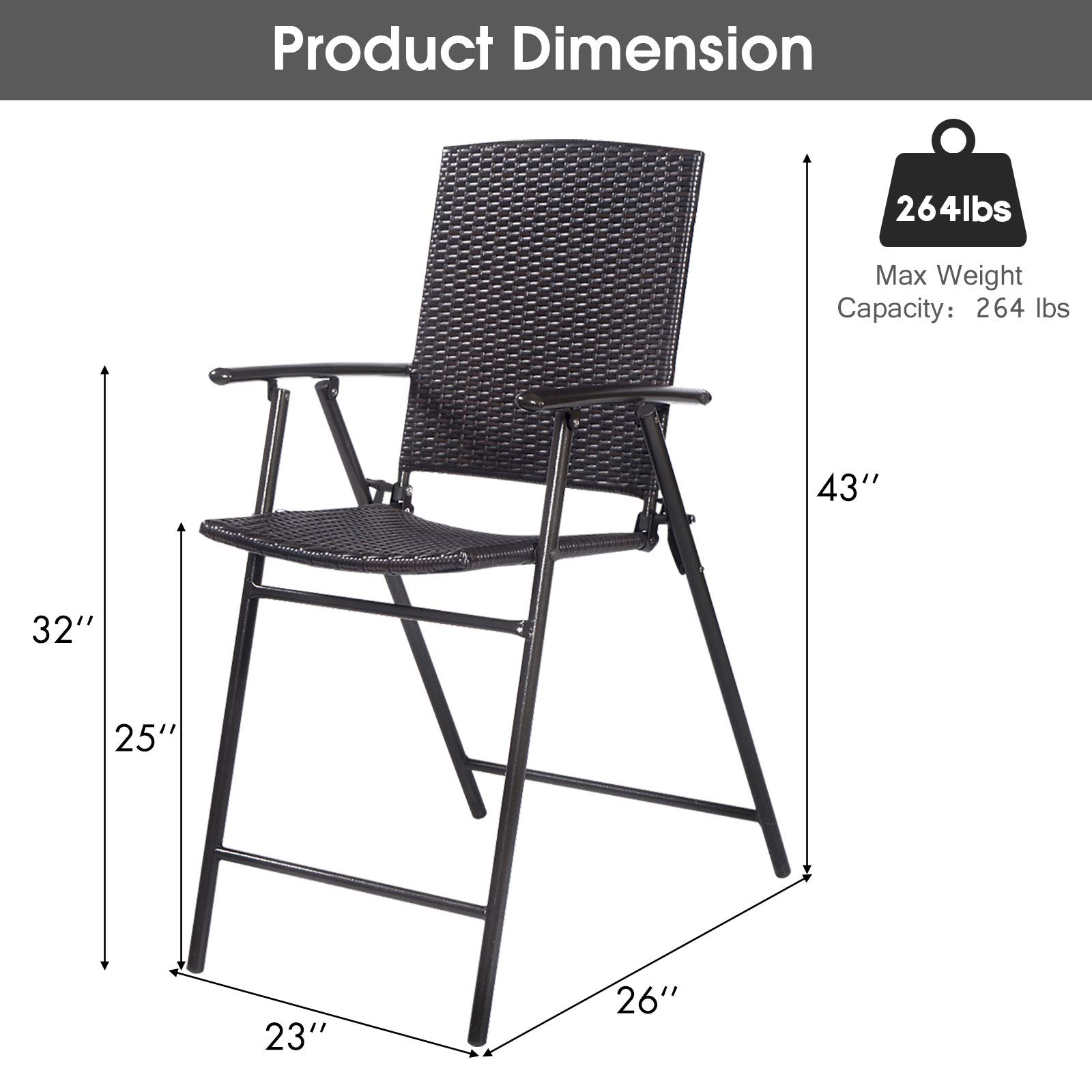 4-Piece Folding Wicker Rattan Bar Stool Set - Tall Backrest Bar Chairs with Steel Frame, Armrests & Footrest - Outdoor Patio Furniture for Garden, Poolside & Restaurant Use