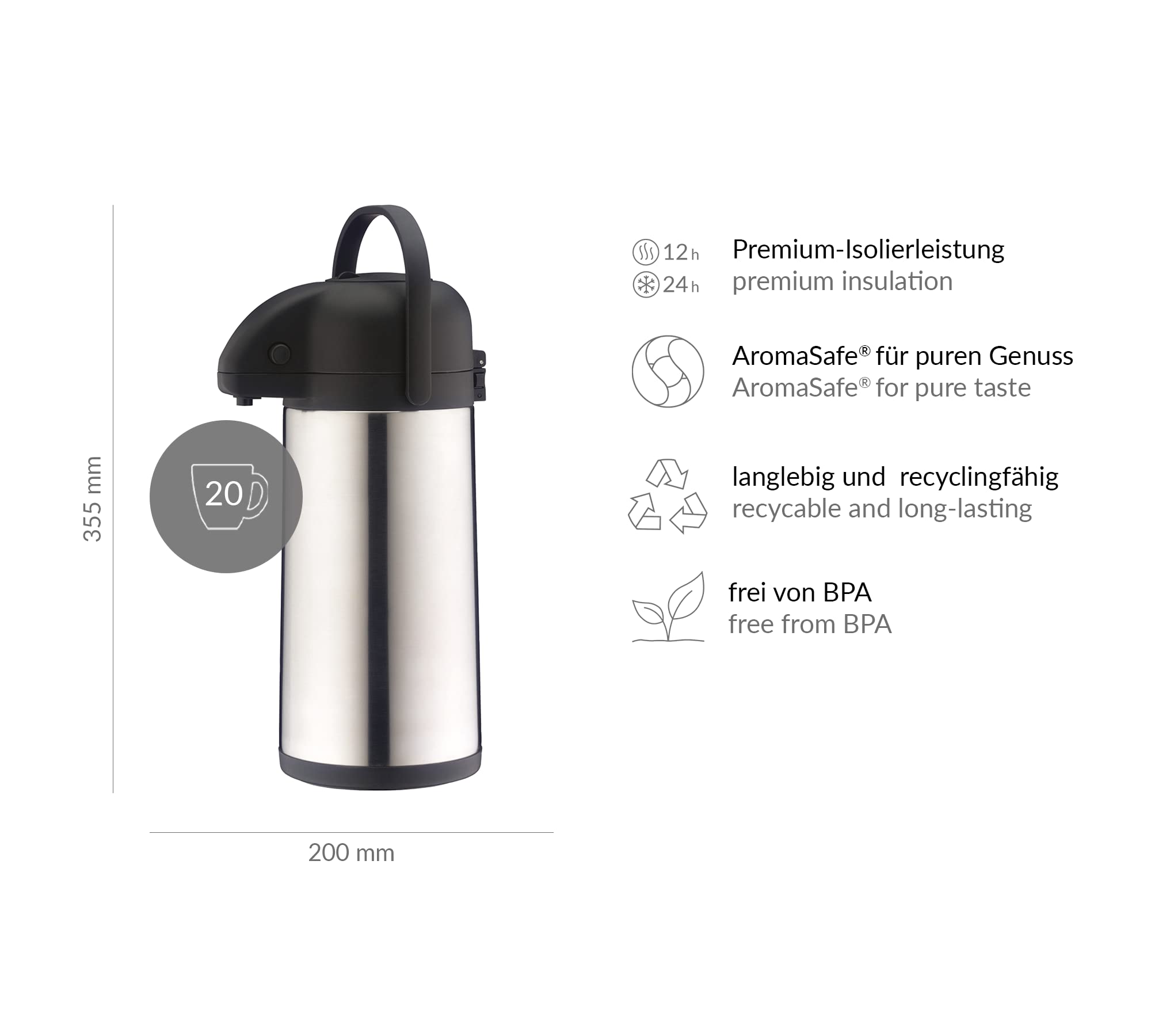 ALFI Stainless Steel Drink Dispenser 2.5L - Silver/Black Water Pitcher for Parties, Events & Office Use | BPA-Free Beverage Container