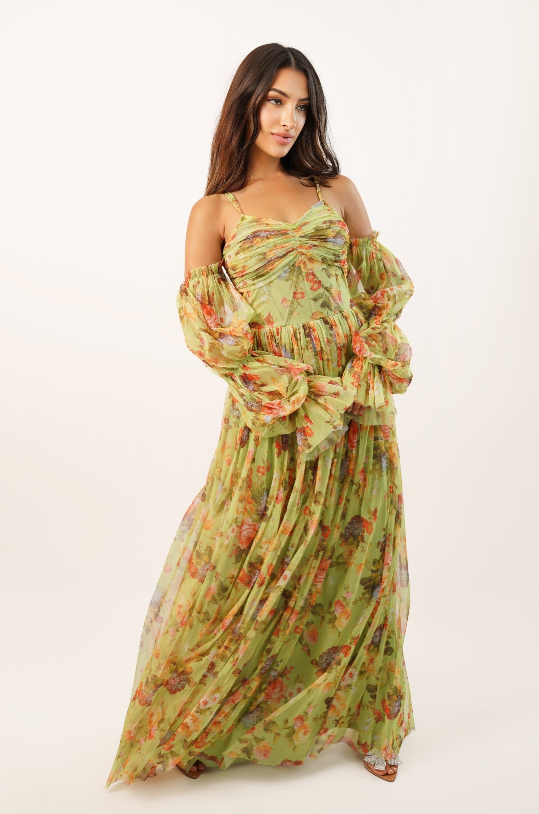 Saylor Green Floral Printed Maxi Dress for Women - Elegant Boho Summer Beach Dress for Vacations, Parties & Casual Outings