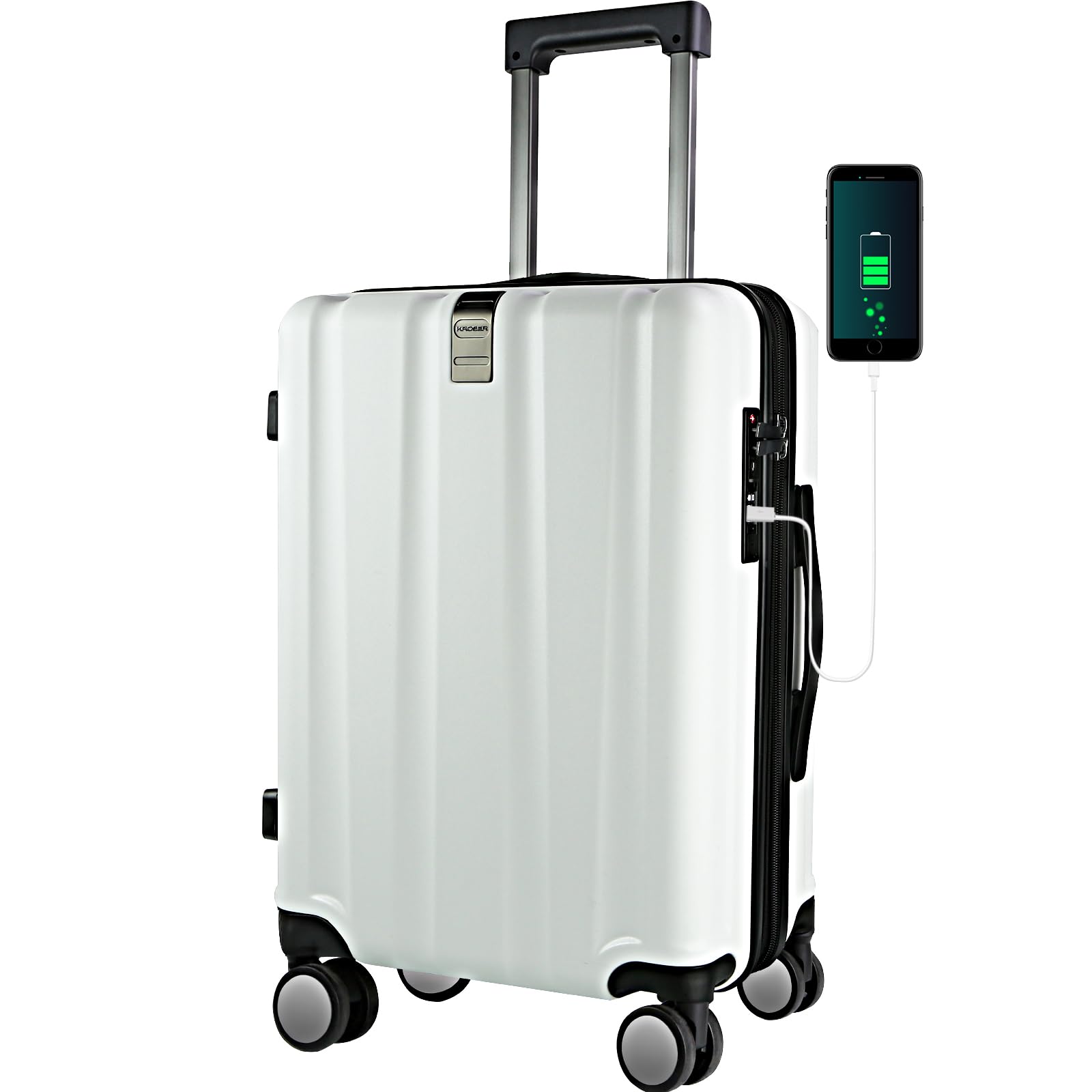 KROSER 20-Inch Hardside Expandable Carry On Luggage with 360° Spinner Wheels, Built-in TSA Lock & USB Charging Port - Durable Lightweight Suitcase for Air Travel, Business Trips & Weekend Getaways (White)