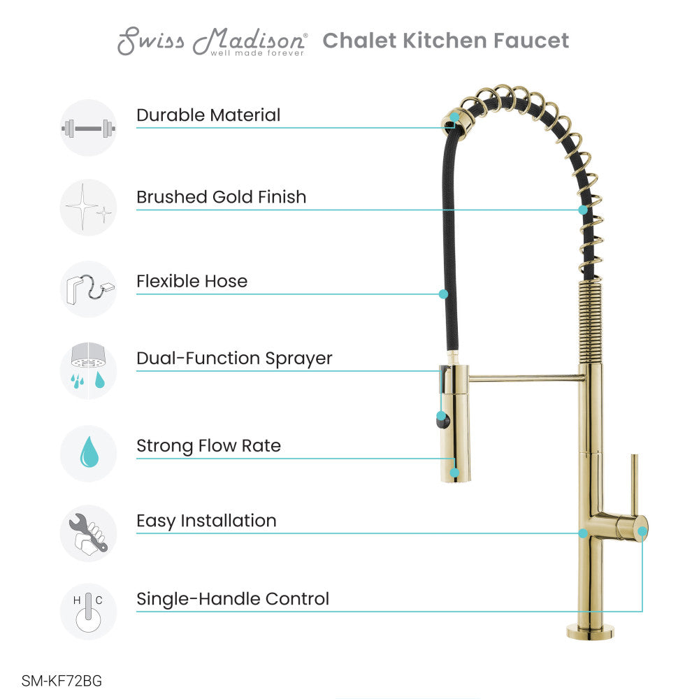 Brushed Gold Single Handle Pull Down Kitchen Faucet - Modern Chalet Design for Easy Dishwashing & Cooking | Perfect for Farmhouse & Contemporary Kitchens