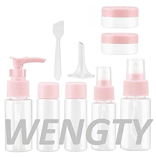 WENGTY Portable Travel Cosmetic Bottles Set - Leak-Proof Plastic Spray & Press Bottles for Makeup, Toiletries, Skincare (Pink) | Perfect for Air Travel, Gym, Vacation & Daily Organizing