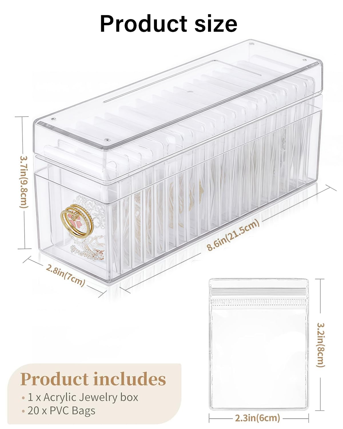 LETGO Clear Acrylic Jewelry Box Organizer with 20 Anti-Tarnish Bags - Portable Jewelry Storage for Earrings, Rings & Necklaces | Perfect Travel Jewelry Case for Women & Gift Idea
